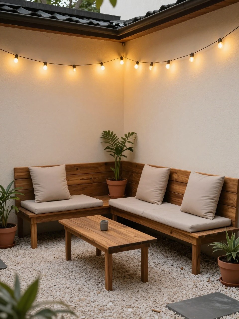 Image Prompt: A small townhouse patio with a built-in wooden bench running along one wall, beige seat cushions, narrow rectangular coffee table, potted plants under and beside the bench, light gravel floor, warm string lights, cozy private outdoor nook, no people, realistic DSLR image, no text, no watermarks on images.