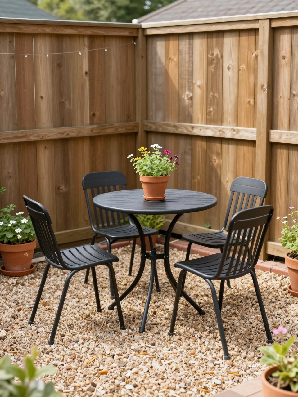 Image Prompt: A small pea gravel patio nook with a round black bistro table and two chairs, terracotta pots with herbs and flowers, simple wooden fence, neat garden edging, bright morning light, cozy compact backyard seating corner, no people, realistic DSLR photo, no text, no watermarks on images.