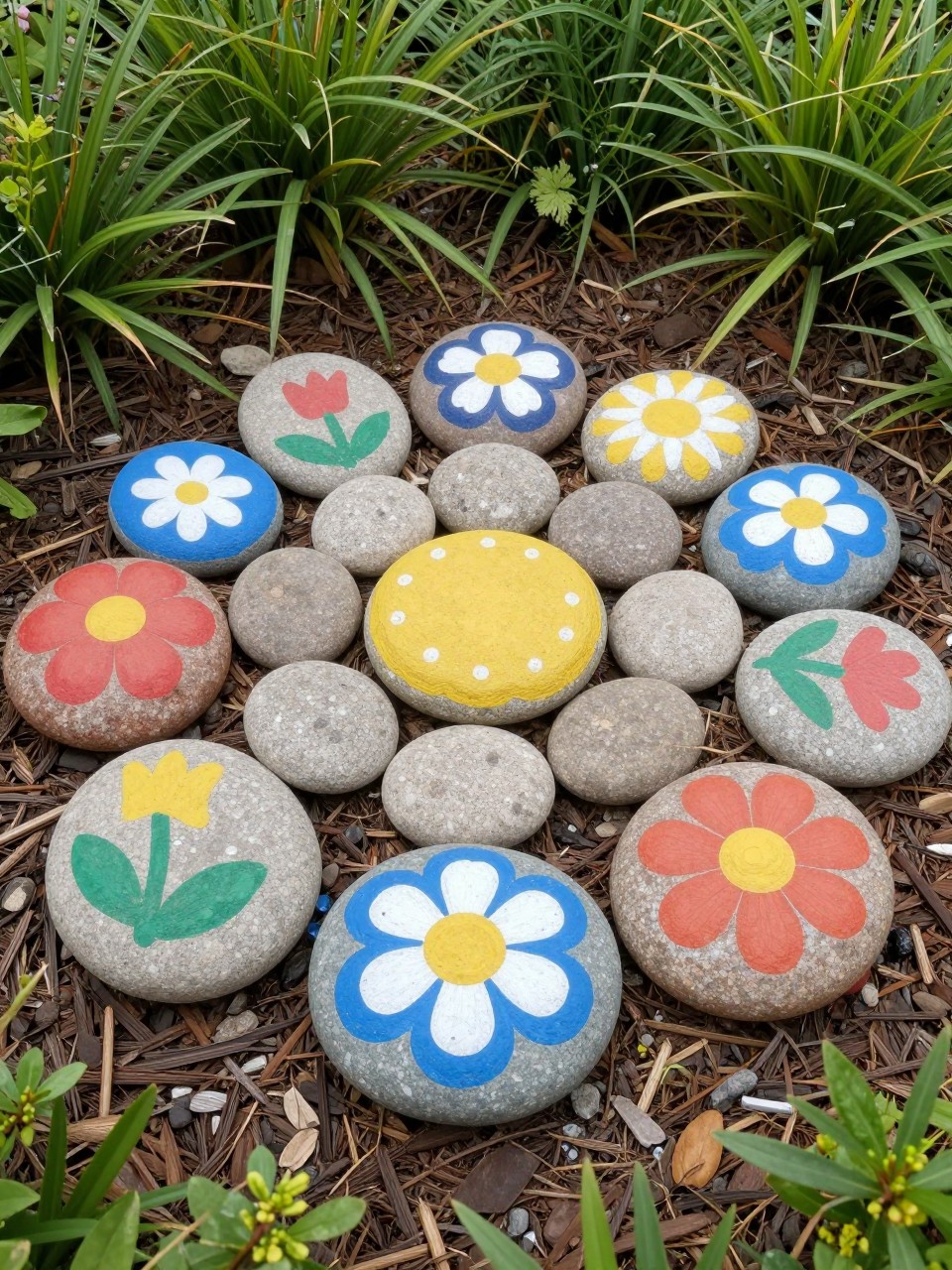 Image Prompt: A creative garden rock art display shaped like flowers, painted stones arranged as petals around round center stones, set in a flower bed with mulch and greenery, cheerful handmade outdoor decor, realistic DSLR photo quality, no people, no watermarks on images.