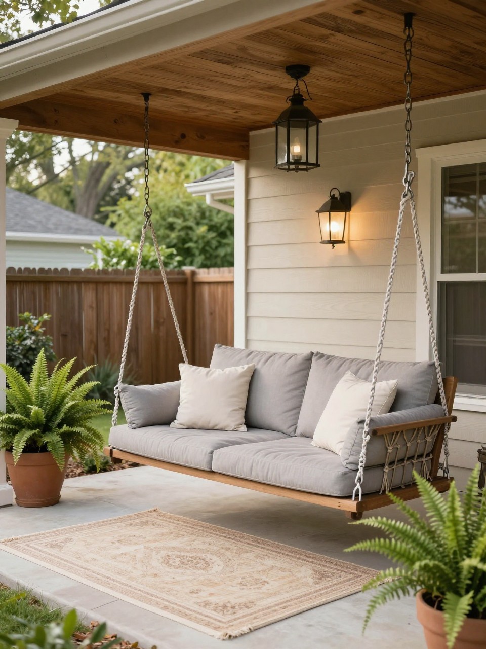 Image Prompt: A cozy covered backyard patio with a hanging porch swing, soft gray and cream cushions, wooden ceiling, lanterns, potted ferns, outdoor rug, warm and inviting home patio styling, realistic DSLR photo quality, no people, no watermarks on images.