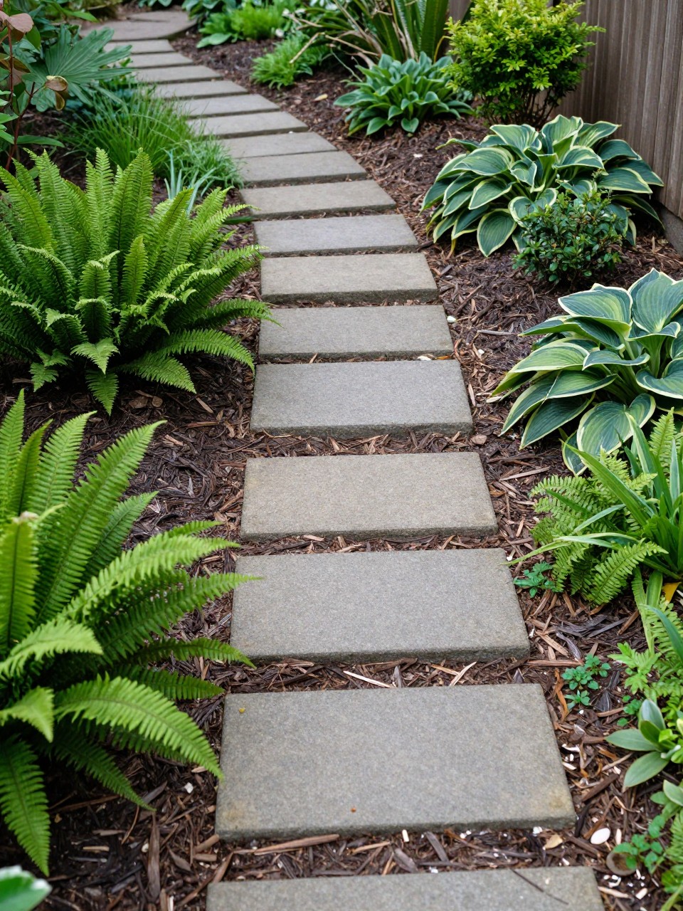 Image Prompt: A narrow sloped side garden with stepping stones set into the hillside, ground cover, ferns, hostas, small shrubs, soft mulch, calm and practical shaded pathway design, realistic DSLR photo quality, no people, no watermarks on images.