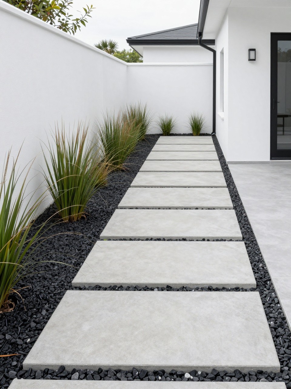 Image Prompt: A modern side yard pathway with large rectangular concrete pavers, black gravel between the slabs, slim ornamental grasses along the wall, clean white home exterior, minimalist landscaping, premium contemporary outdoor design, realistic DSLR photo quality, no people, no watermarks on images.