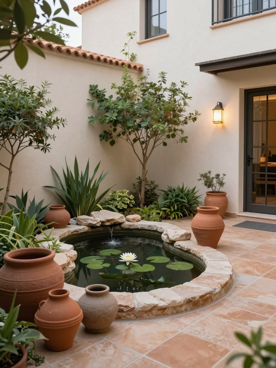 Image Prompt: A small courtyard garden with a compact pond, terracotta and stone pots around the edges, leafy plants, small water lilies, warm tiled floor, rendered walls, soft outdoor lighting, Mediterranean-modern courtyard style, realistic DSLR photo quality, no people, no watermarks on images.