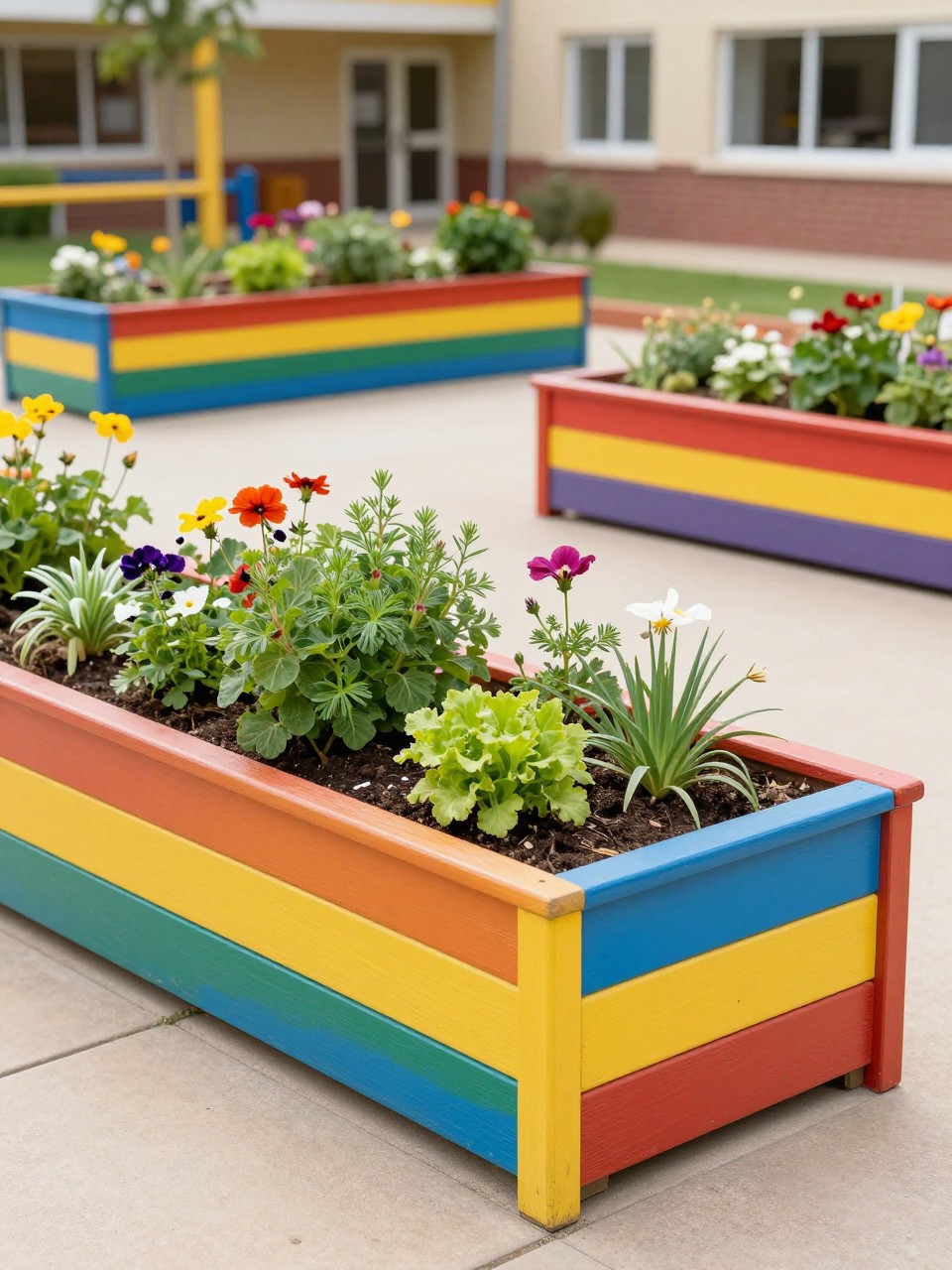 Image Prompt: A cheerful school garden with rainbow-painted planters in bright colors, filled with flowers, herbs, and leafy plants, playful and creative outdoor school space, neat paved area, fresh and colorful design, realistic DSLR photo quality, no watermarks on images.