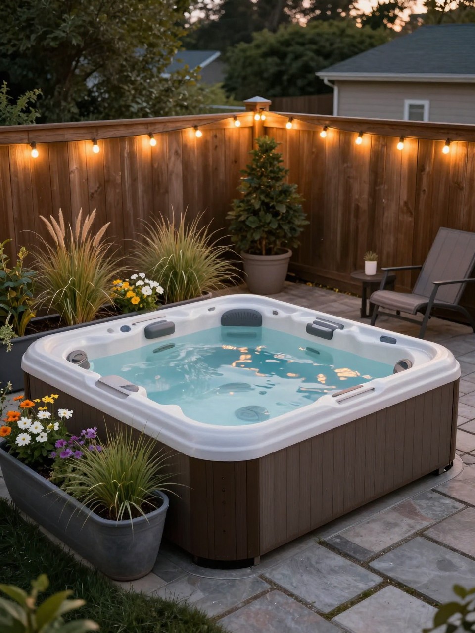 Image Prompt: A charming budget hot tub patio with a hot tub on a small paver pad, large stock tank planters filled with grasses and flowers around the edges, warm string lights, simple outdoor chairs, wood fence backdrop, cozy backyard setting, no people, realistic DSLR image, no text, no watermarks on images.