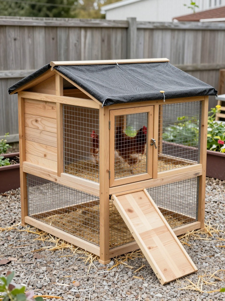 A realistic low budget chicken coop with a sturdy frame and a well-secured heavy-duty tarp roof, small wooden coop house, attached wire run, simple ramp, straw bedding, hens inside, backyard with a gravel patch and a few raised planters nearby, affordable DIY build, natural daylight, practical and simple, no people, no text, (no watermarks on images).
