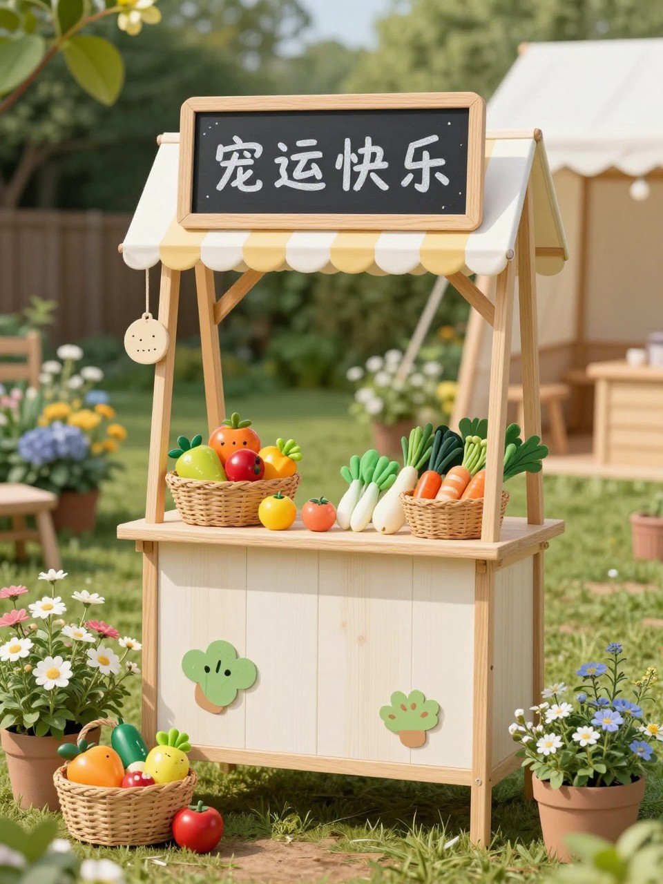 Image Prompt: A cute backyard pretend market stand for kids, small wooden stand, baskets of toy fruits and garden vegetables, chalkboard-style sign, flowers and herbs nearby, charming garden play setup, realistic DSLR photo quality, no people, no watermarks on images.