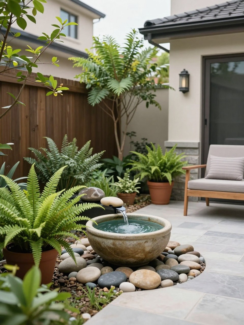 Image Prompt: A peaceful townhome backyard corner with a small water feature, ceramic bowl fountain, smooth stones, potted ferns, leafy plants, compact seating chair, calm and relaxing small garden design, realistic DSLR photo quality, no people, no watermarks on images.