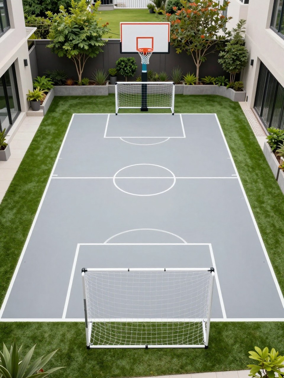 Image Prompt: A modern backyard sport court with smooth hard court center, artificial turf border around the edges, small soccer goal, basketball hoop, neat planters, family-friendly outdoor recreation space, realistic DSLR photo quality, no people, no watermarks on images.