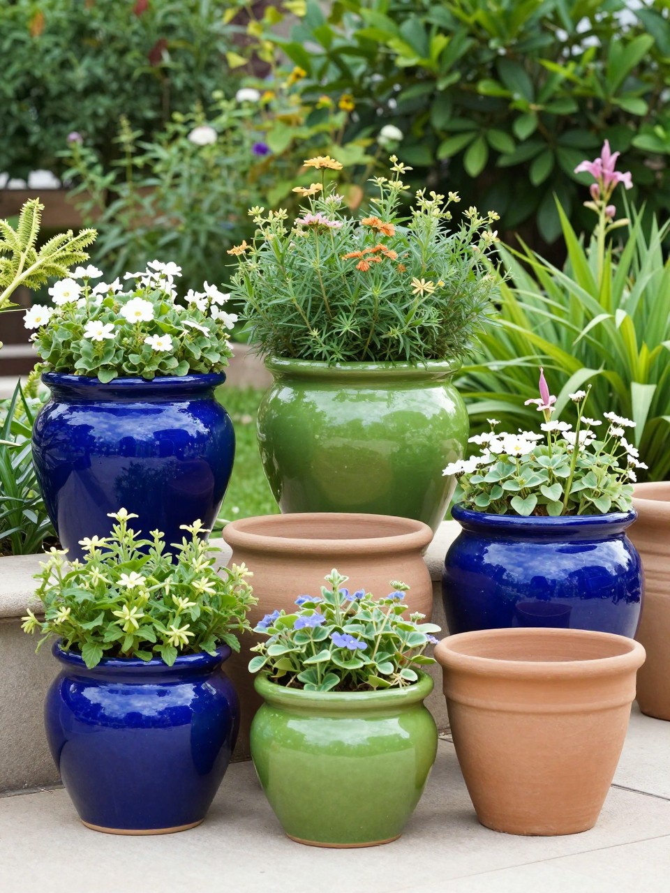 Image Prompt: A bright home garden with colorful glazed ceramic pots in rich blue, green, and earthy tones, filled with flowering plants and leafy greenery, stylish and cheerful outdoor setup, premium home garden decor, realistic DSLR photo quality, no people, no watermarks on images.