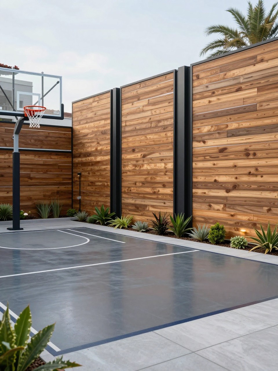 Image Prompt: A modern backyard sport court with tall slatted wood privacy screens, smooth court flooring, basketball hoop, low planting beds, black metal accents, neat outdoor lighting, premium private family recreation area, realistic DSLR photo quality, no people, no watermarks on images.