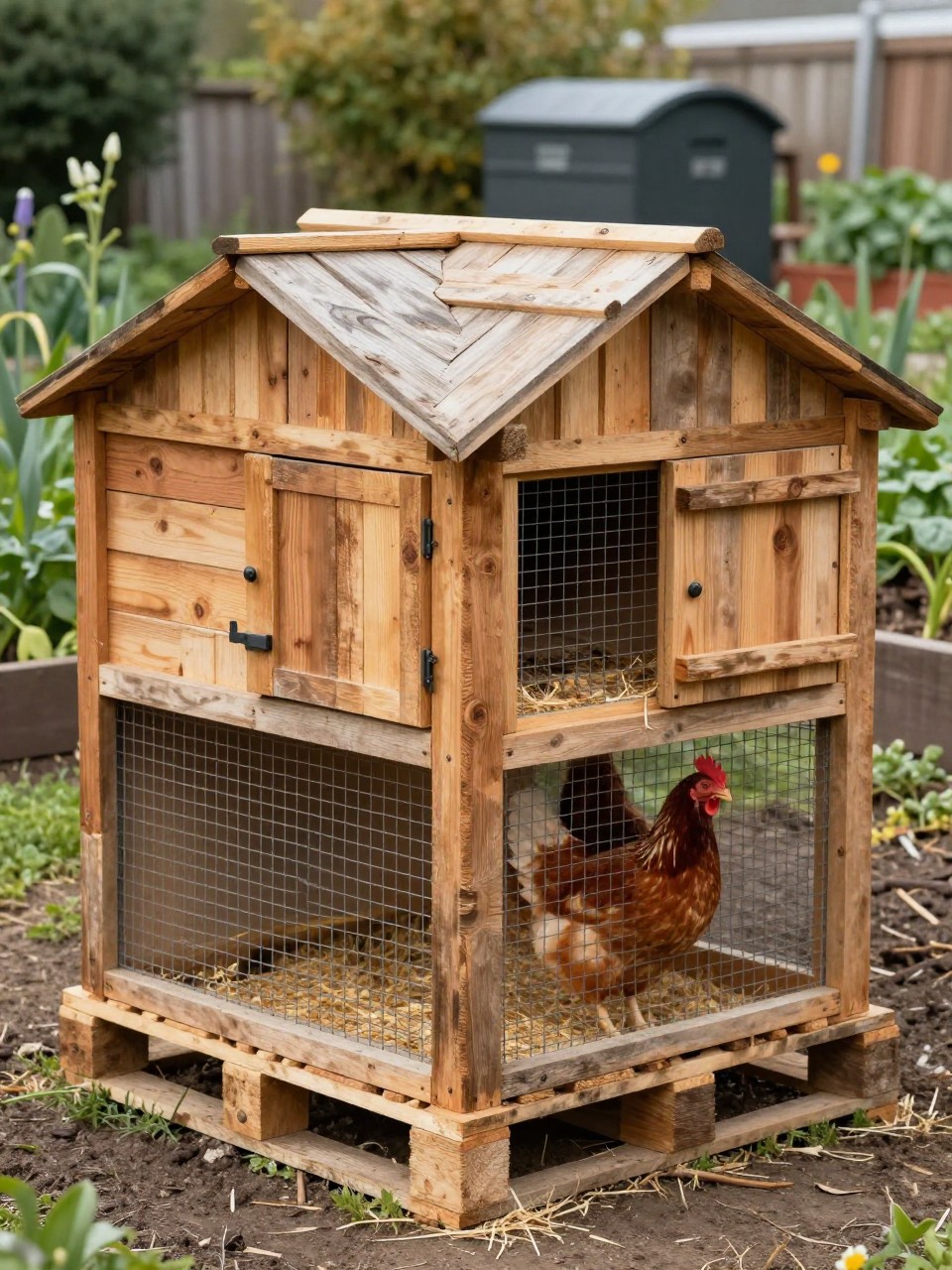 Image Prompt: A rustic small chicken coop made from reclaimed pallet wood, warm weathered boards, simple sloped roof, small hinged door, wire mesh chicken run attached, straw bedding and wooden roost visible inside, chickens standing near the entrance, backyard garden with compost bin and raised beds in the background, handmade DIY look, no people, no text, no watermark.