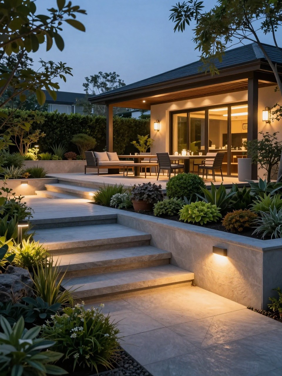 Image Prompt: A stunning two level garden at dusk with soft lighting built into wide stone steps, upper dining patio, lower planting beds, modern outdoor seating, layered shrubs, warm glowing pathway lights, premium evening garden design, realistic DSLR photo quality, no people, no watermarks on images.