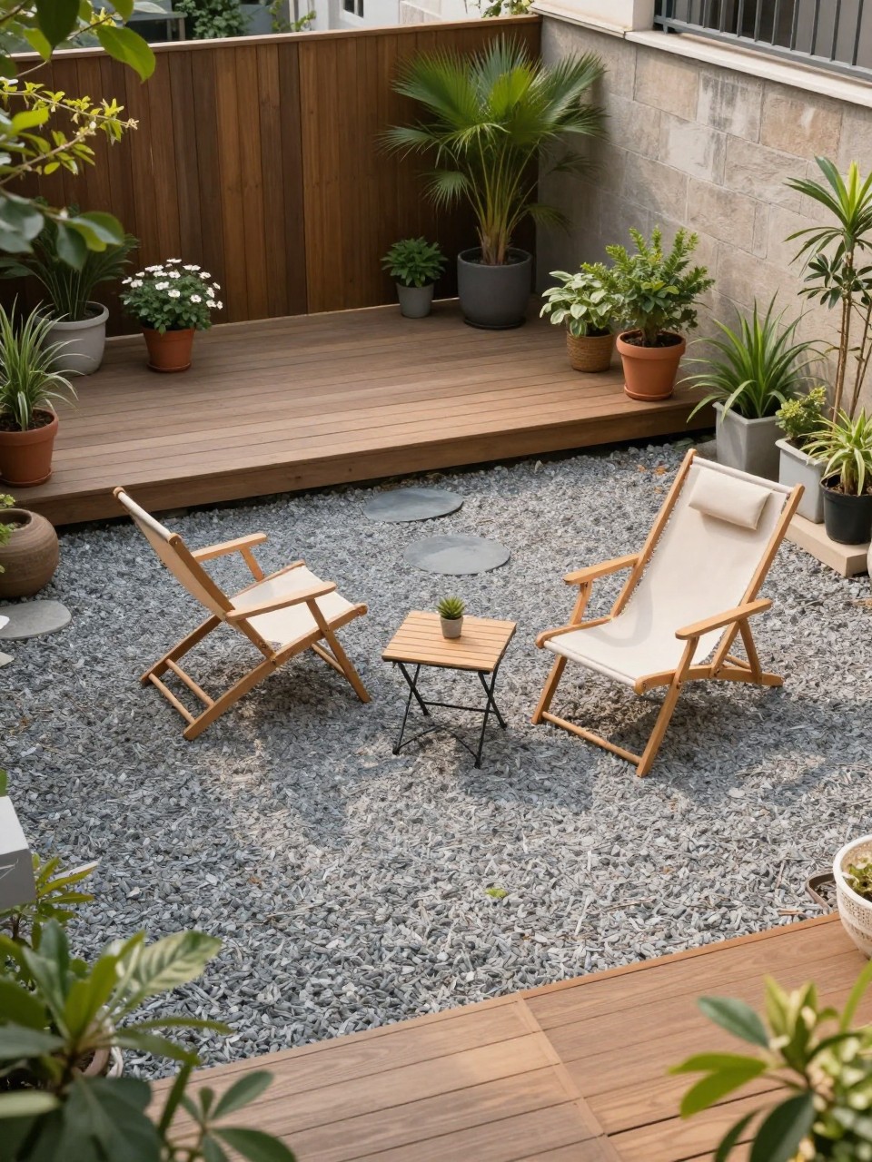 Image Prompt: A compact backyard with a small wooden deck and a budget-friendly gravel patio extension, two lounge chairs on the gravel, small side table, potted plants, simple deck stairs, warm afternoon light, cozy and affordable outdoor setup, no people, realistic DSLR garden photo, no text, no watermarks on images.