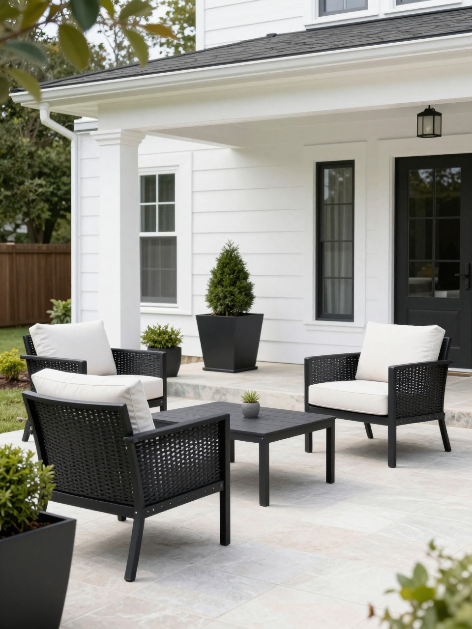 Image Prompt: A modern back porch patio with black outdoor chairs, white cushions, pale stone flooring, black metal planters, simple green shrubs, clean white home exterior, sleek and premium outdoor styling, realistic DSLR photo quality, no people, no watermarks on images.