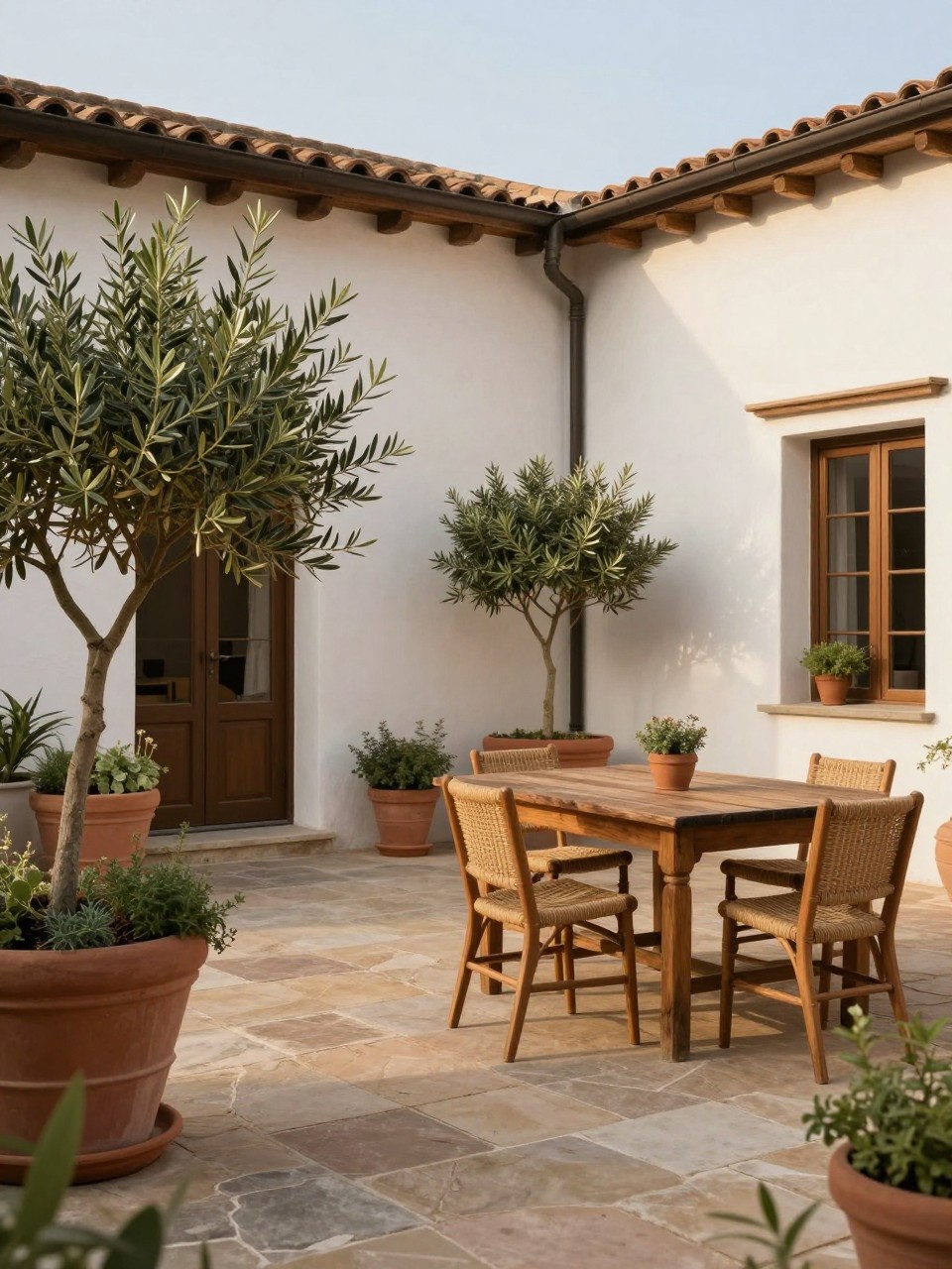 Image Prompt: A beautiful Italian courtyard-style patio with warm stone flooring, white stucco walls, large terracotta pots filled with olive trees and herbs, rustic wooden dining table, woven chairs, soft golden hour lighting, relaxed villa-inspired outdoor setting, no people, realistic DSLR image, no text, no watermarks on images.
