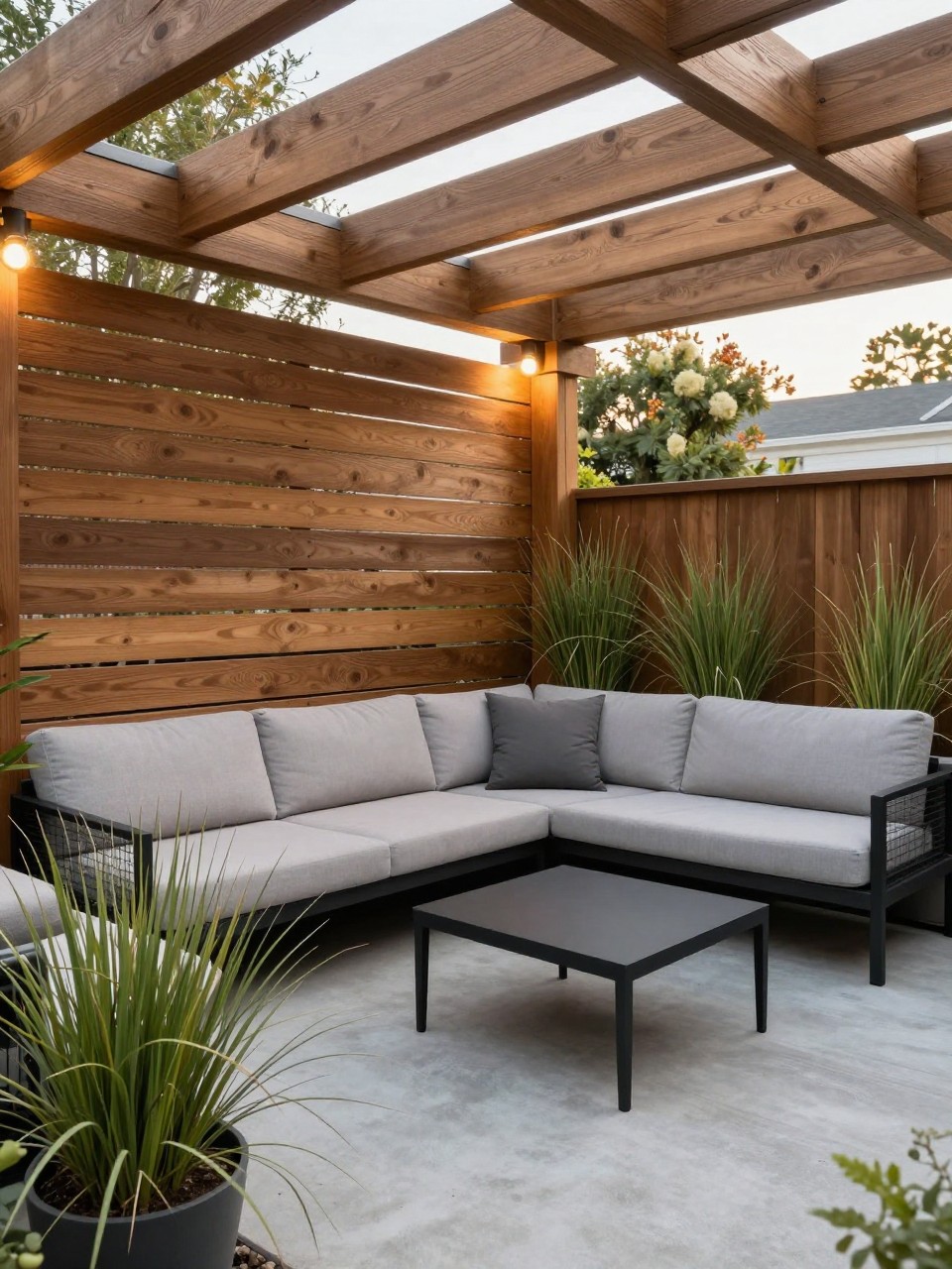 Image Prompt: A modern under deck patio with a wood slat privacy screen along one side, simple outdoor sectional, black coffee table, potted grasses, concrete floor, warm lights attached to deck beams, clean and private backyard seating area, no people, realistic editorial garden photo, no text, no watermarks on images.