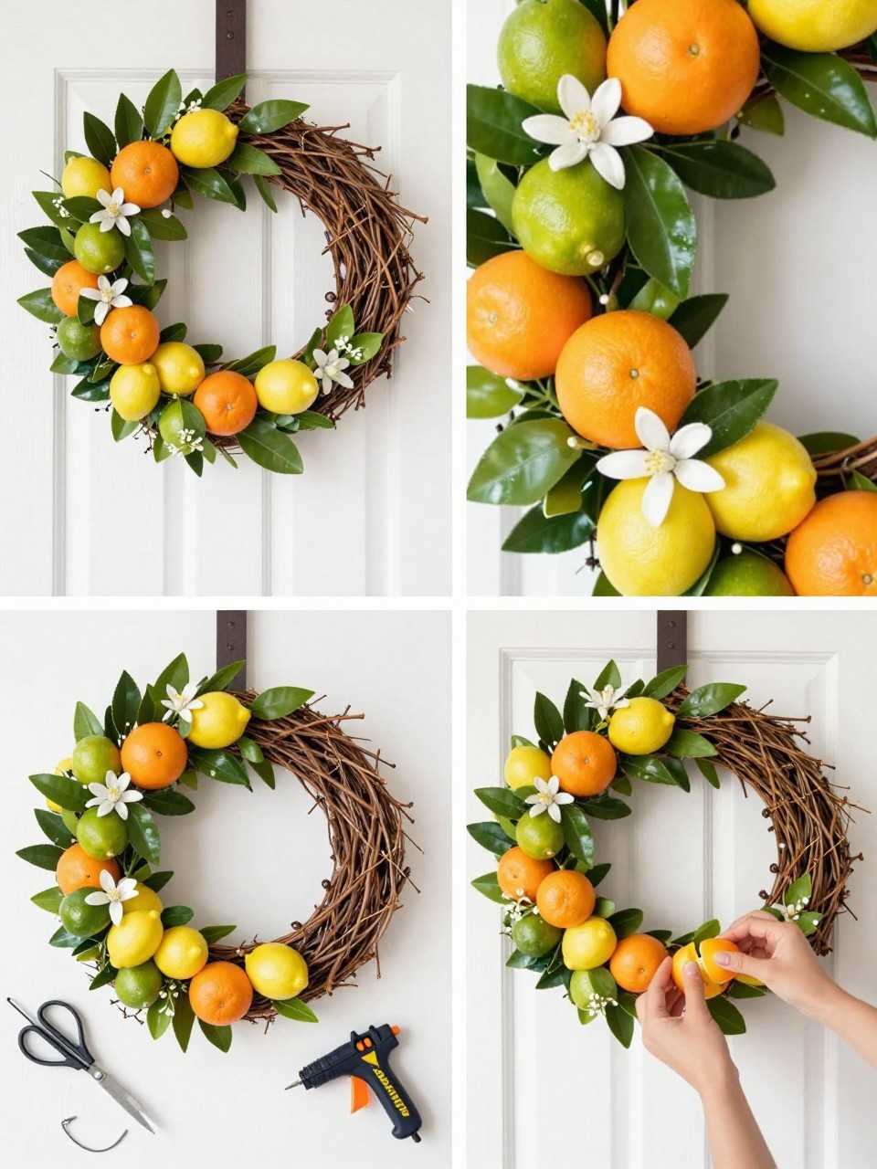 A realistic editorial 2x2 collage grid showing a citrus grove summer wreath, top-left finished wreath on a white door with faux oranges, lemons, limes, glossy leaves, and white blossoms, top-right close-up of mixed citrus fruit and blossom details, bottom-left flat lay of grapevine wreath base, faux citrus fruits, greenery, white flowers, floral wire, scissors, and hot glue gun, bottom-right cropped hands attaching citrus fruit pieces to the wreath, bright kitchen door or porch setting, no faces, no text, no watermark on images.