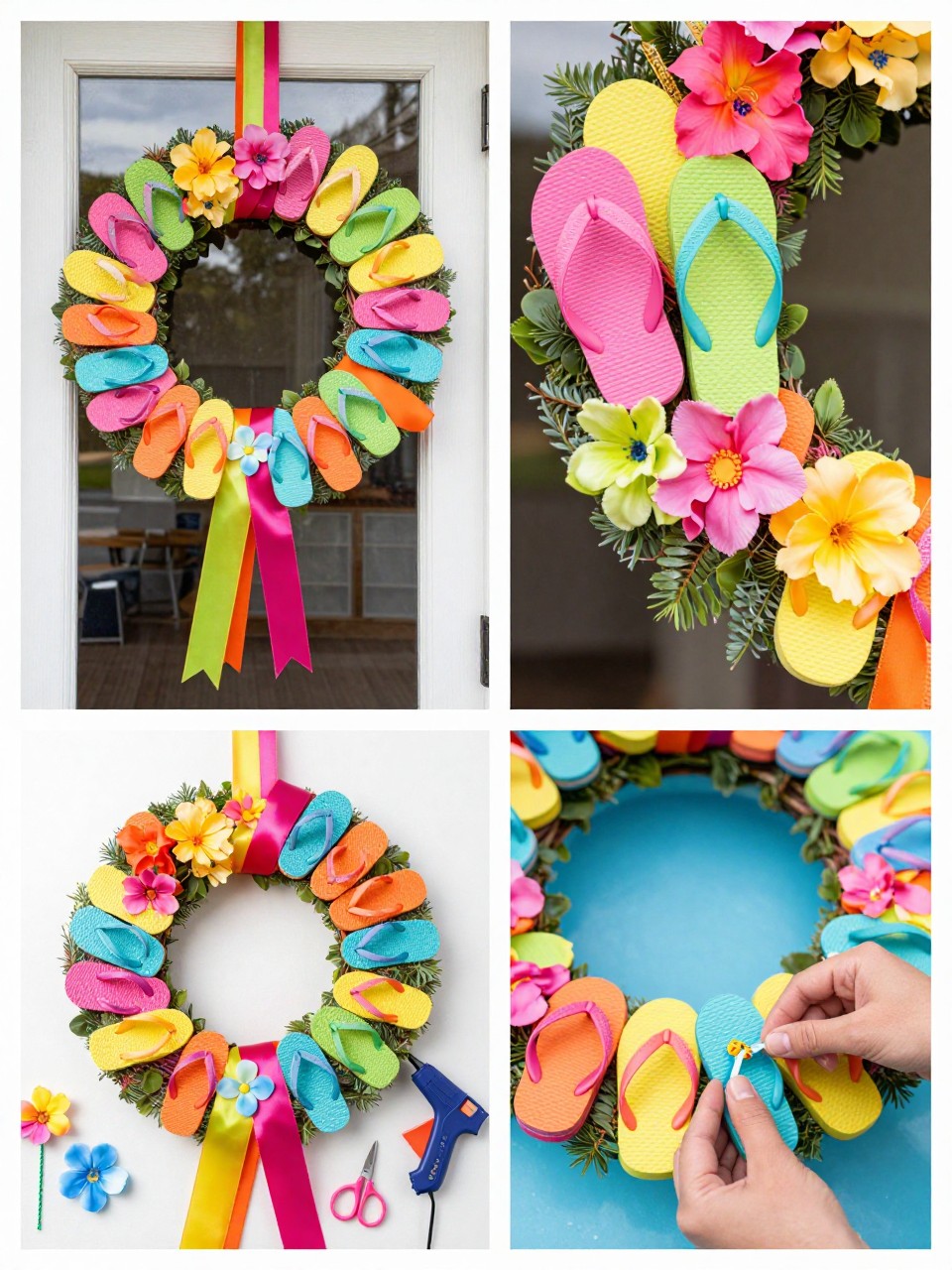 A realistic editorial 2x2 collage grid showing a colorful flip-flop summer wreath, top-left finished wreath on a patio door with mini flip-flops in pink, yellow, turquoise, orange, and green, plus ribbon and faux flowers, top-right close-up of flip-flop straps and flower details, bottom-left flat lay of wreath base, mini flip-flops, bright ribbon, faux flowers, hot glue gun, scissors, and floral wire, bottom-right cropped hands gluing mini flip-flops to the wreath base, playful poolside summer decor setting, no faces, no text, no watermark on images.
