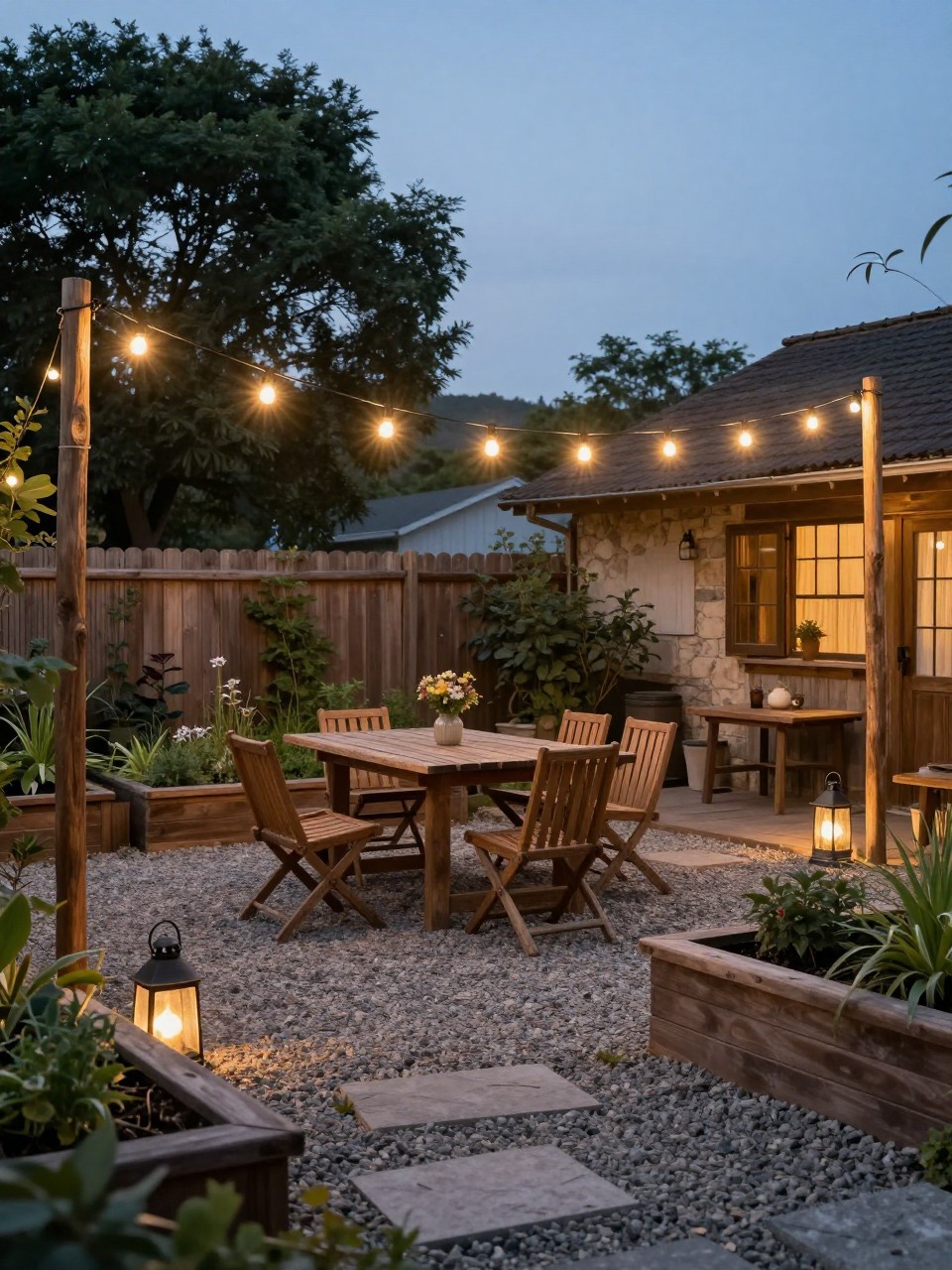 Image Prompt: A rustic backyard patio with string lights hung from tall wooden posts, gravel ground, wooden dining table, simple outdoor chairs, raised garden beds, lanterns, warm farmhouse-style evening setting, realistic DSLR photo quality, no people, no watermarks on images.