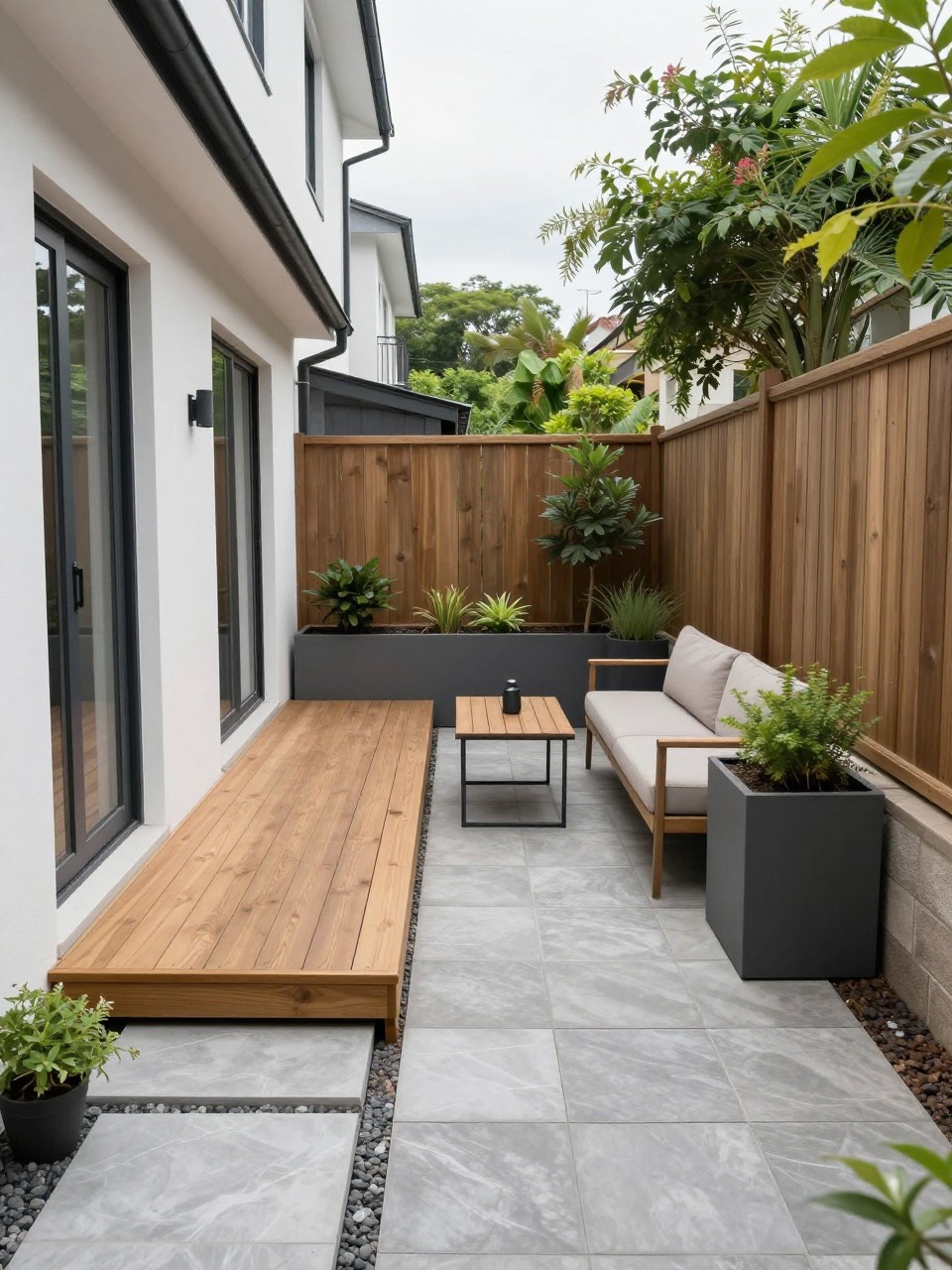 Image Prompt: A narrow backyard with a slim wooden deck attached to the house and a side patio extension made with square pavers, small bistro table, compact outdoor sofa, long planter boxes, privacy fence, smart small-space backyard design, no people, realistic DSLR photo, no text, no watermarks on images.