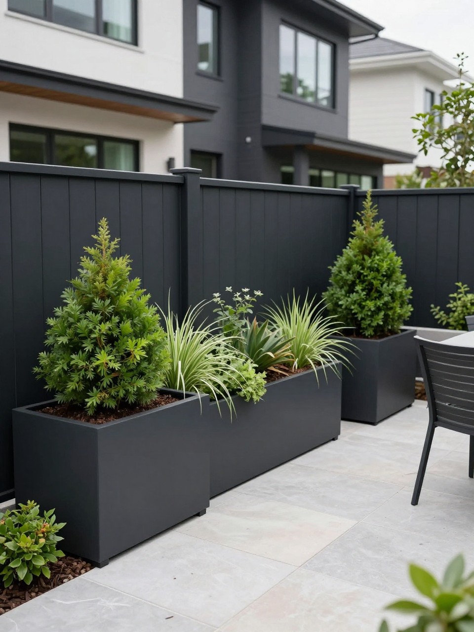 Image Prompt: A modern townhome backyard with a matte black privacy fence, large rectangular planters filled with lush green shrubs and ornamental grasses, pale stone patio, simple outdoor chairs, clean premium compact backyard design, realistic DSLR photo quality, no people, no watermarks on images.