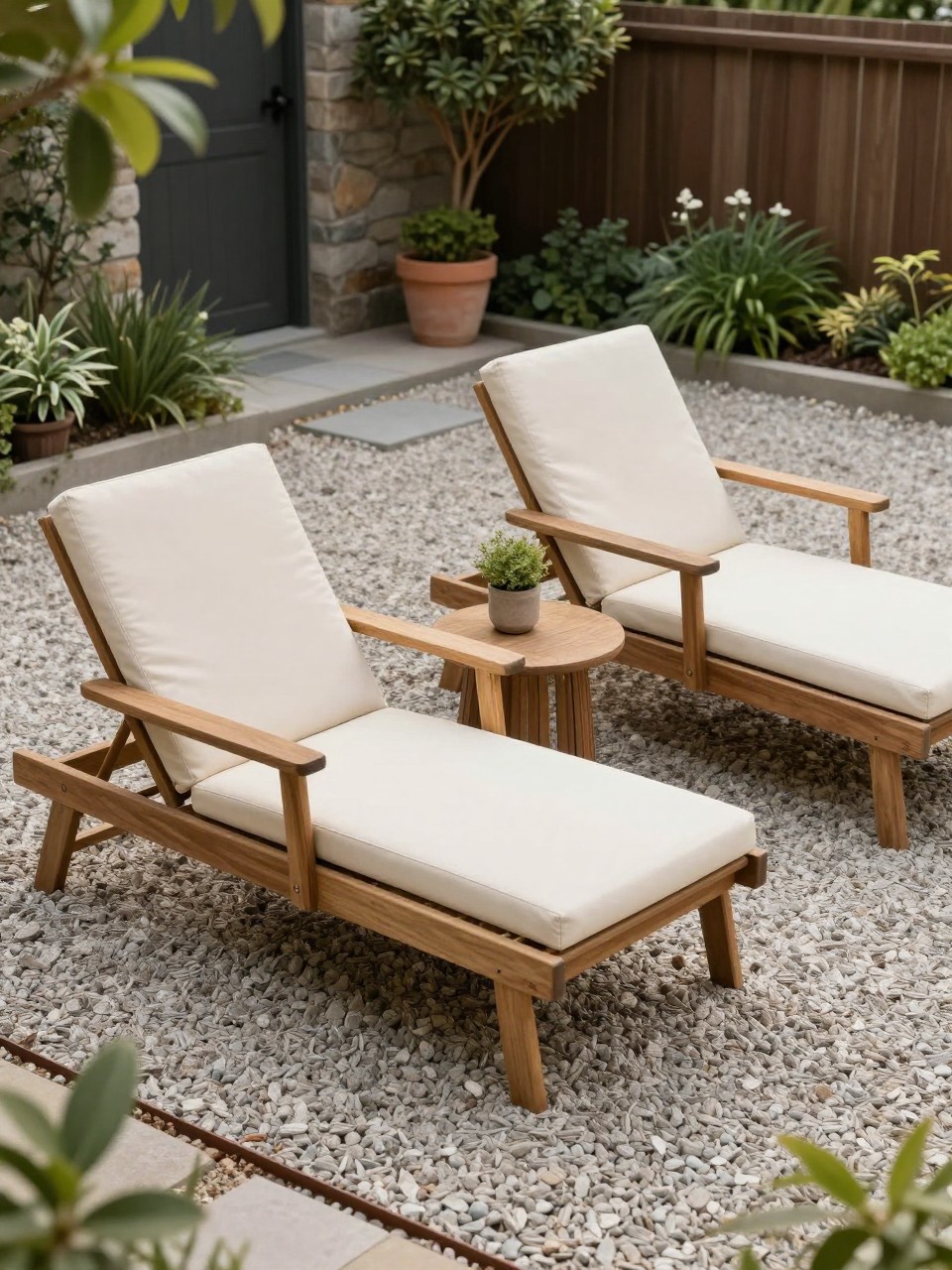 Image Prompt: A stylish backyard pea gravel patio with two comfortable wooden lounge chairs, cream outdoor cushions, small round side table, potted greenery, neat metal edging around the gravel, soft garden border, warm afternoon light, cozy relaxed outdoor seating area, no people, realistic DSLR photo, editorial home and garden style, high detail, no text, no watermarks on images.