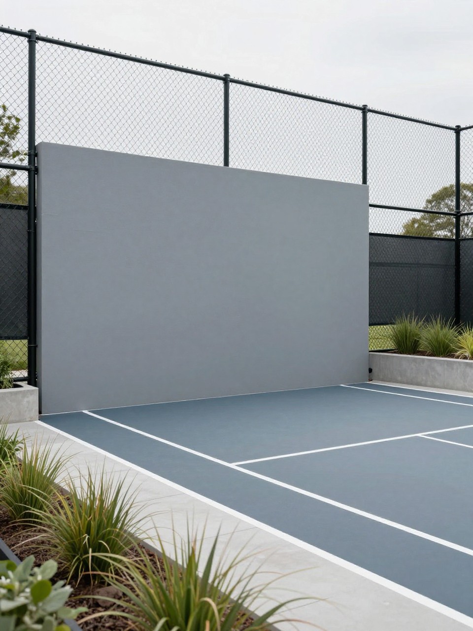 Image Prompt: A creative backyard tennis practice wall with a smooth painted rebound wall, small court surface, white guide line on the wall, modern fencing, slim garden beds, ornamental grasses, clean and useful outdoor sports design, realistic DSLR photo quality, no people, no watermarks on images.