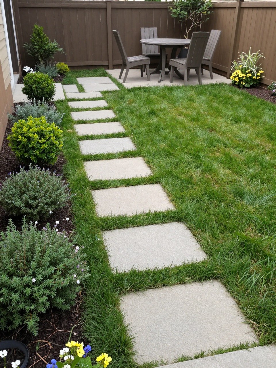 Image Prompt: A no grass backyard with large stepping stones set into low green ground cover, creeping thyme, small shrubs, flower borders, cozy seating corner, soft natural garden design, realistic DSLR photo quality, no people, no watermarks on images.