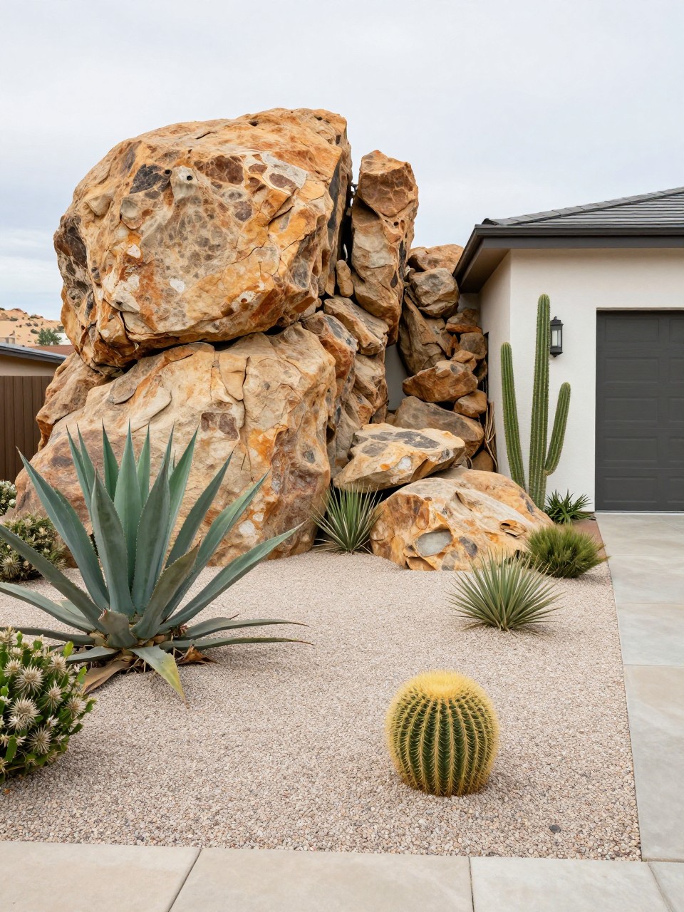 Image Prompt: A stunning desert-style front yard landscape with large warm-toned boulders, agave, yucca, cactus, pale gravel, decomposed granite, clean modern home exterior, premium drought-tolerant garden design, realistic DSLR photo quality, no people, no watermarks on images.
