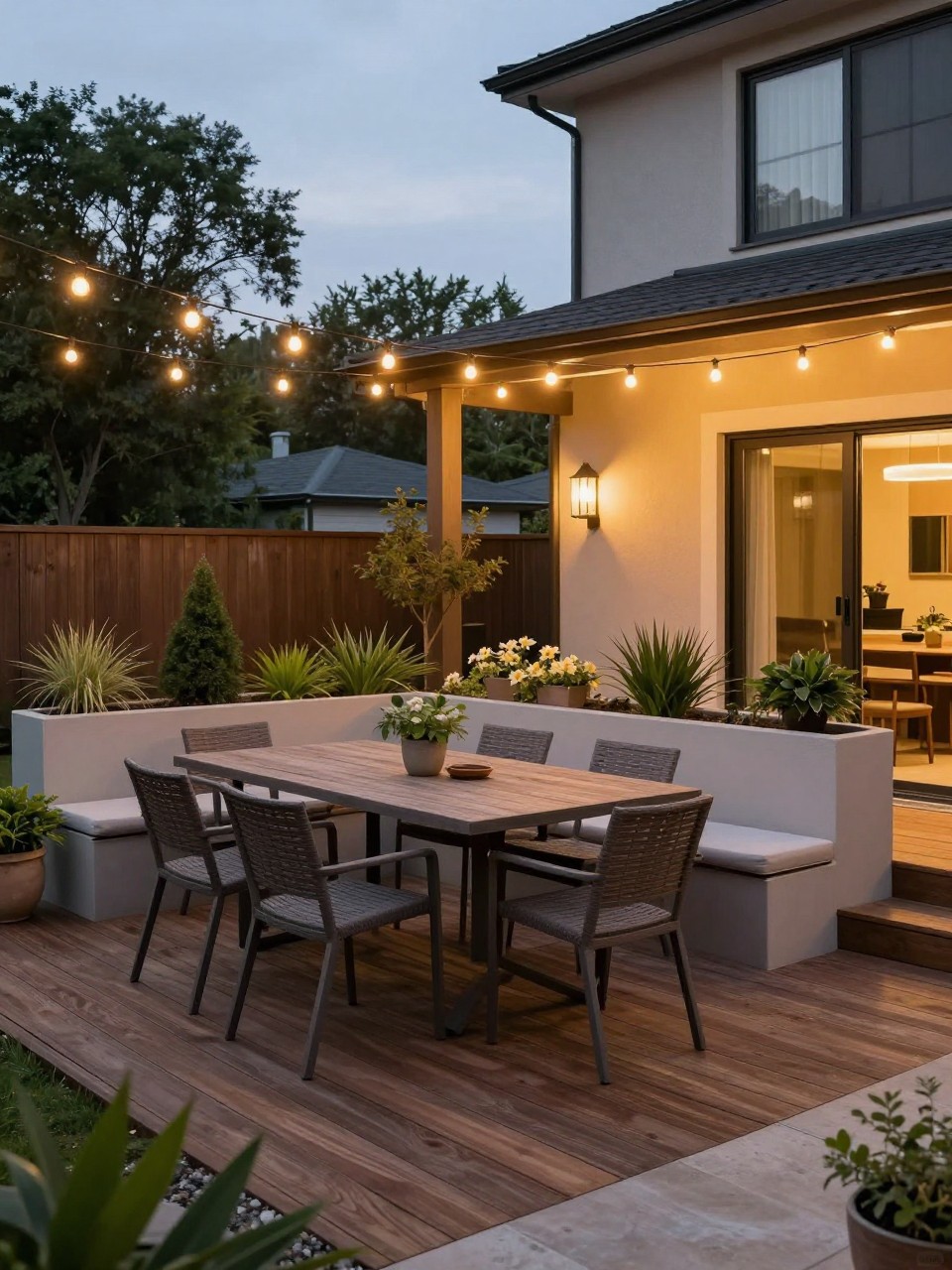 Image Prompt: A stylish backyard deck with warm string lights overhead, outdoor dining set, built-in bench seating, potted greenery, wooden deck boards, modern home exterior, cozy evening entertaining setup, realistic DSLR photo quality, no people, no watermarks on images.