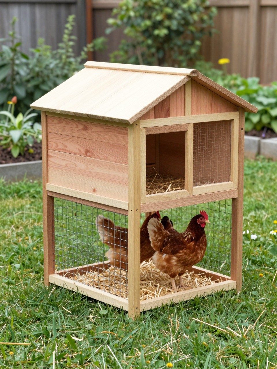 Image Prompt: A simple beginner-friendly DIY box chicken coop in a small backyard, rectangular wooden hen house with a sloped roof, side nesting box, small chicken ramp, attached wire run, straw bedding inside, two chickens near the doorway, clean lawn and garden bed nearby, realistic weekend project style, bright natural light, no people, no text, no watermark.