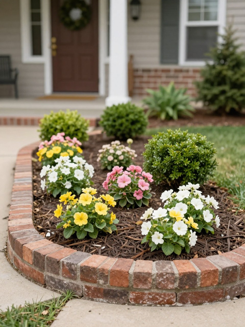 Image Prompt: A small front garden bed with low brick edging, seasonal flowers in soft pink, yellow, and white, neat mulch, small green shrubs, welcoming front porch, pretty compact curb appeal design, realistic DSLR photo quality, no people, no watermarks on images.