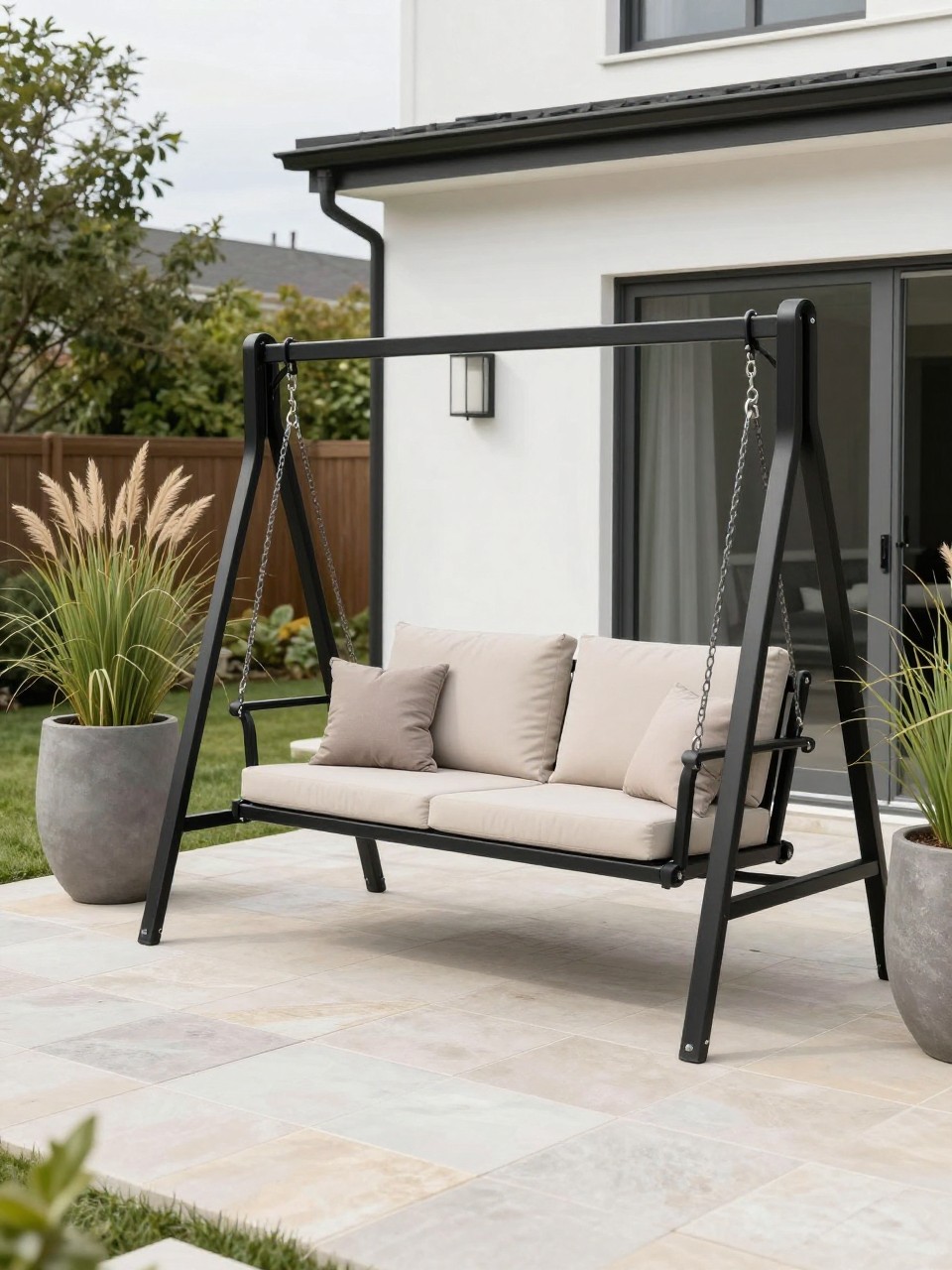 Image Prompt: A modern backyard patio with a black metal frame swing bench, neutral cushions, pale stone paving, tall planters, ornamental grasses, clean white home exterior, premium contemporary outdoor styling, realistic DSLR photo quality, no people, no watermarks on images.