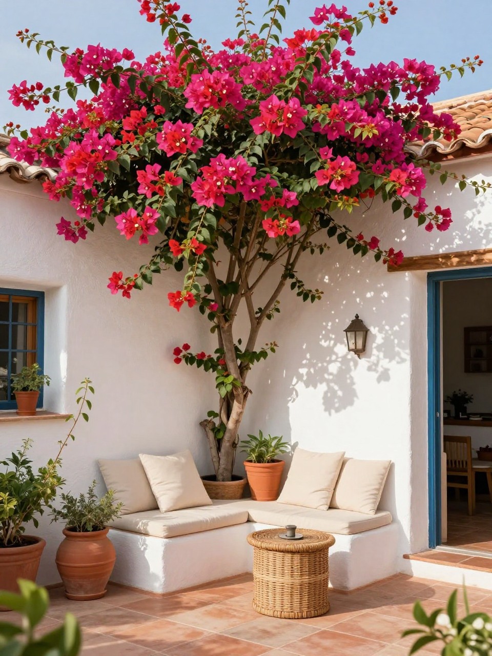 Image Prompt: A bright Mediterranean patio with bold bougainvillea climbing over a white stucco wall, terracotta tile floor, small seating area with cream cushions, clay pots, woven side table, warm sunlight, colorful garden courtyard mood, no people, realistic DSLR garden photo, no text, no watermarks on images.