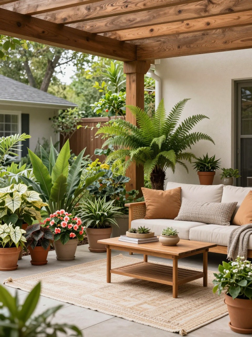 Image Prompt: A stylish covered patio garden with shade-loving potted plants, ferns, begonias, caladiums, soft outdoor seating, textured rug, warm wood accents, cozy premium home garden styling, realistic DSLR photo quality, no people, no watermarks on images.