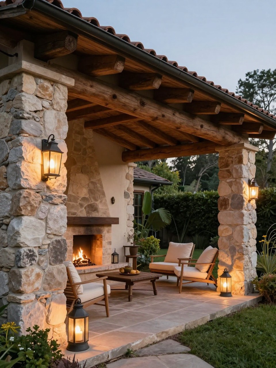 Image Prompt: A rustic patio roof attached to the house with chunky stone columns, exposed wooden ceiling beams, outdoor fireplace, cozy lounge chairs with cream cushions, natural stone floor, lantern lighting, warm evening atmosphere, no people, realistic DSLR garden photo, no text, no watermarks on images.