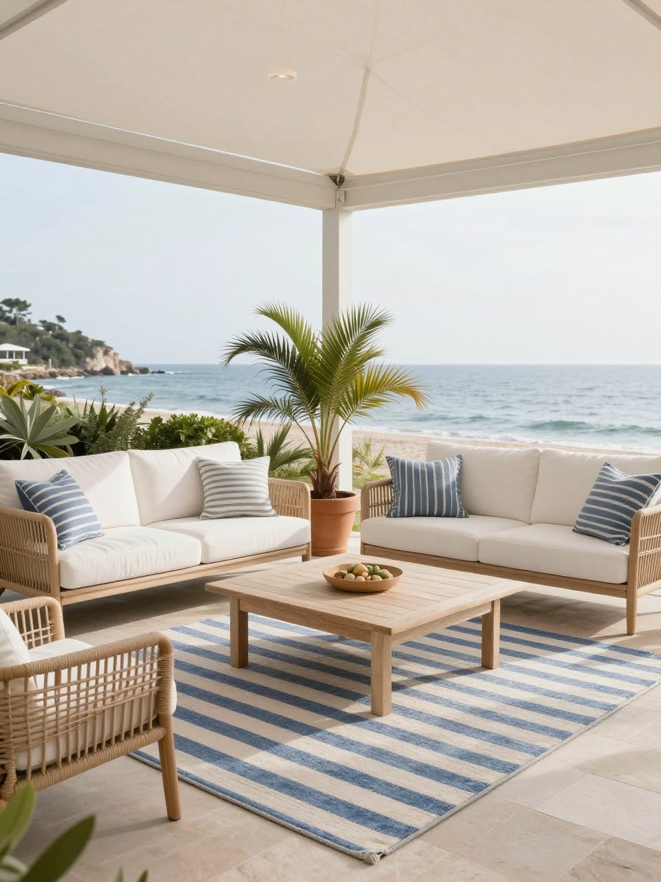Image Prompt: A breezy coastal patio with a blue and white striped outdoor rug, white outdoor sofa, woven chairs, potted palms, pale wood coffee table, light stone floor, soft airy summer lighting, relaxed beach house patio mood, no people, realistic DSLR photo, no text, no watermarks on images.