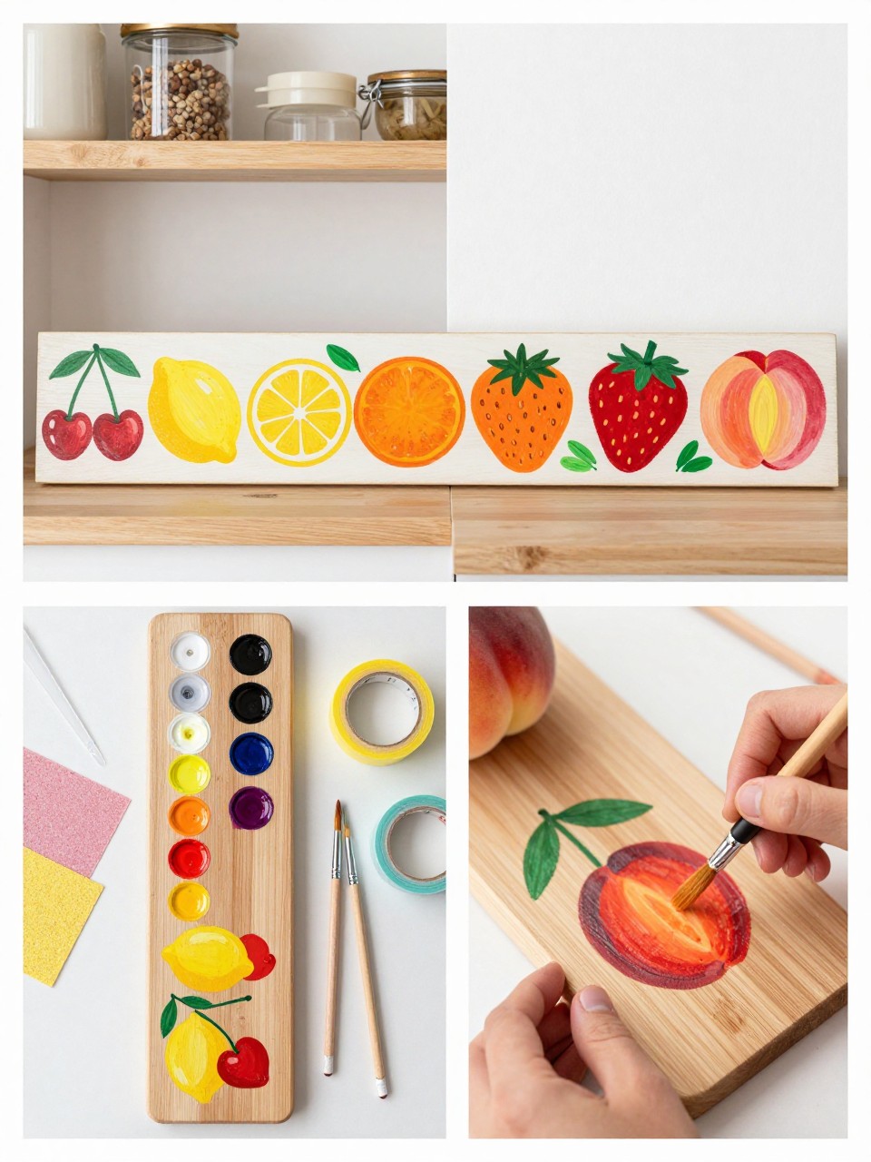 A realistic editorial 2x2 collage grid showing a painted summer fruit row wooden sign, top-left finished long narrow wood sign with painted cherries, lemons, oranges, strawberries, and peaches in a neat row on a kitchen shelf, top-right close-up of fruit brush details and small green leaves, bottom-left flat lay of long wood board, fruit-colored paints, fine brushes, pencil, sandpaper, painter’s tape, and clear sealer, bottom-right cropped hands painting a small peach on the board, bright summer kitchen craft styling, no faces, no text, no watermark on images.