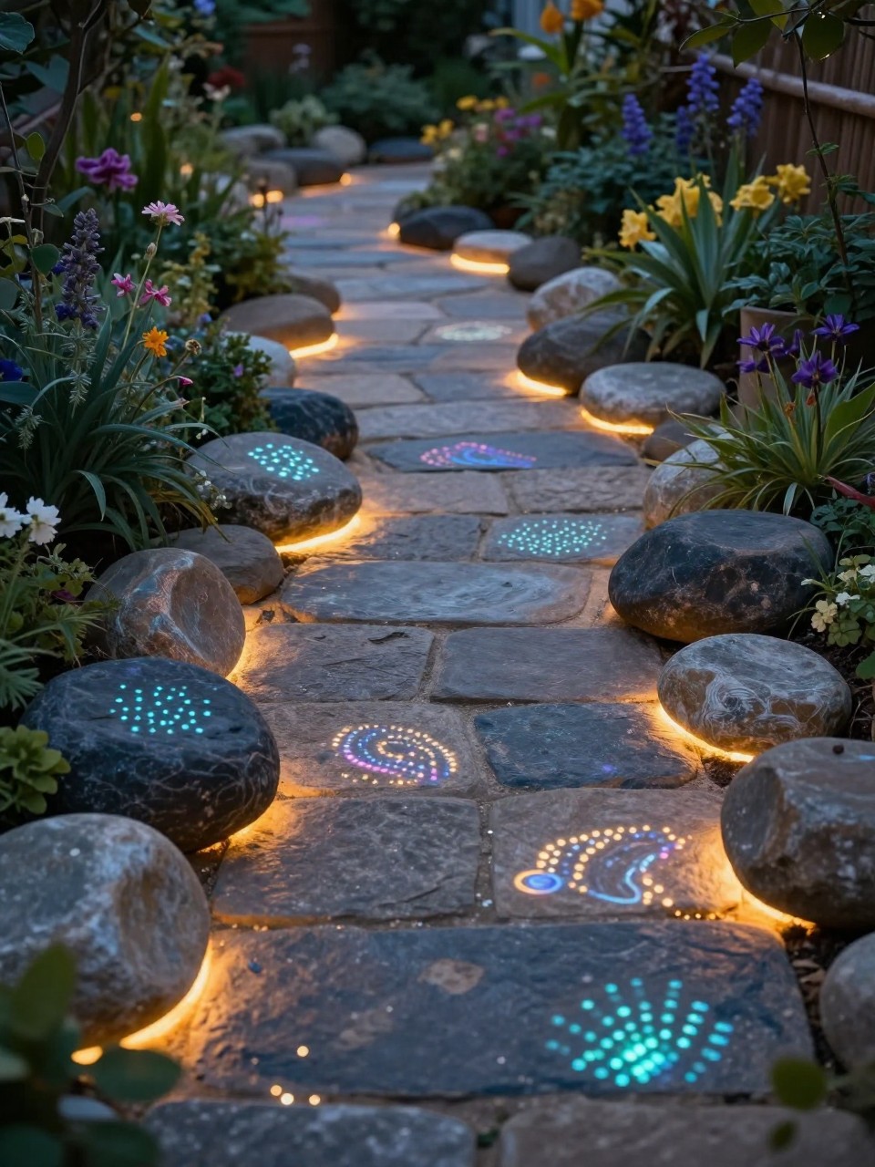 Image Prompt: A magical evening garden path with glow-in-the-dark painted rocks softly lighting the edges, subtle glowing patterns, flowers and greenery nearby, warm dusk atmosphere, creative and charming outdoor garden decor, realistic DSLR photo quality, no people, no watermarks on images.
