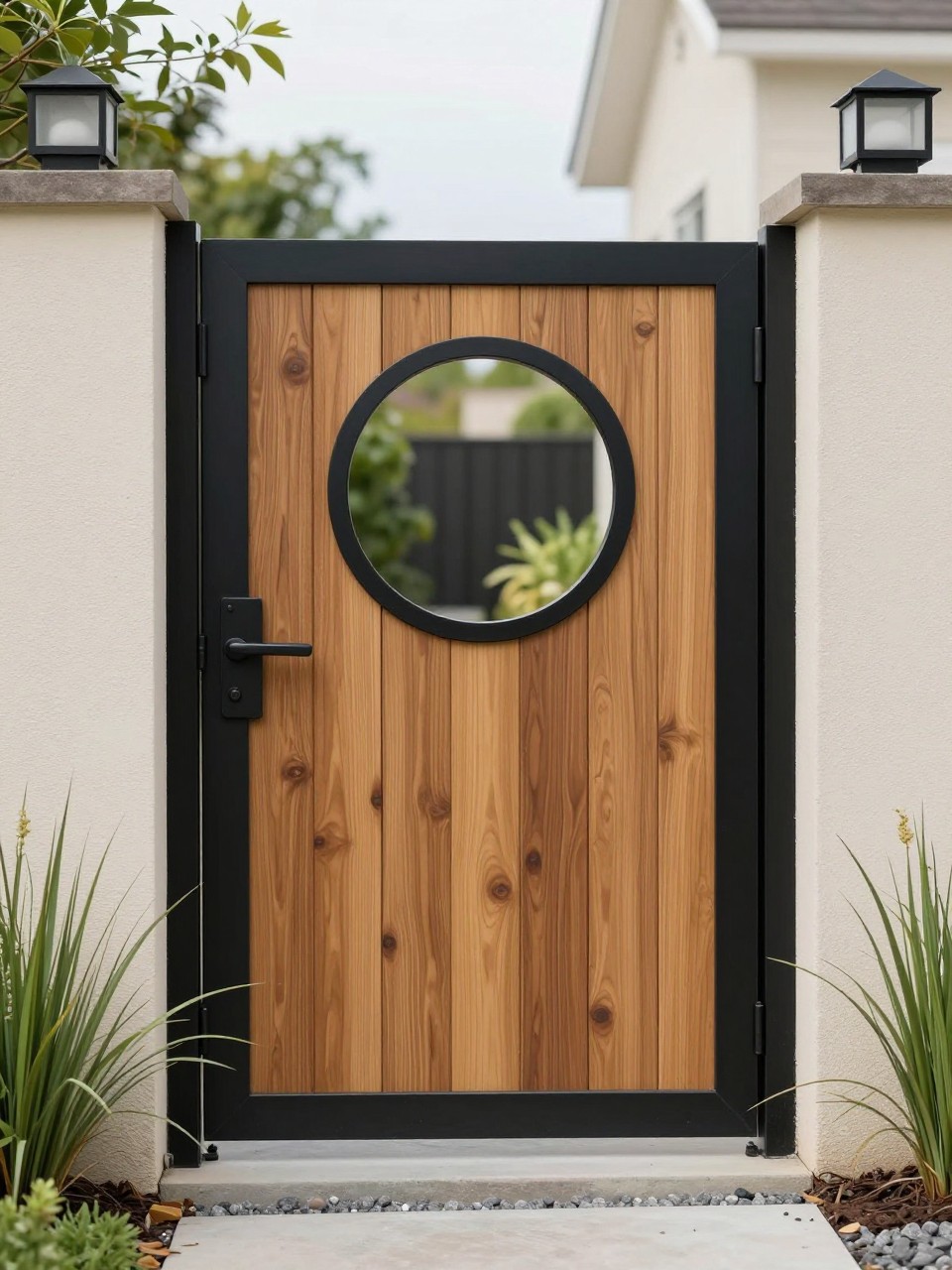 Image Prompt: A creative backyard gate with a round window cutout detail, smooth wooden boards, black metal frame, modern garden wall, ornamental grasses, gravel path, unique premium backyard entrance design, realistic DSLR photo quality, no people, no watermarks on images.