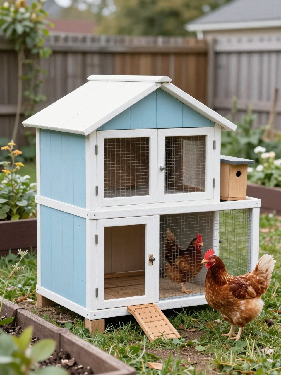 Image Prompt: A repurposed children’s wooden playhouse turned into a small chicken coop, painted soft blue and white, small chicken ramp at the entrance, hardware cloth over the windows, attached fenced chicken run, nesting box added on the side, chickens nearby in a tidy backyard, playful but practical DIY homestead style, garden beds and grass around it, no people, no text, no watermark.