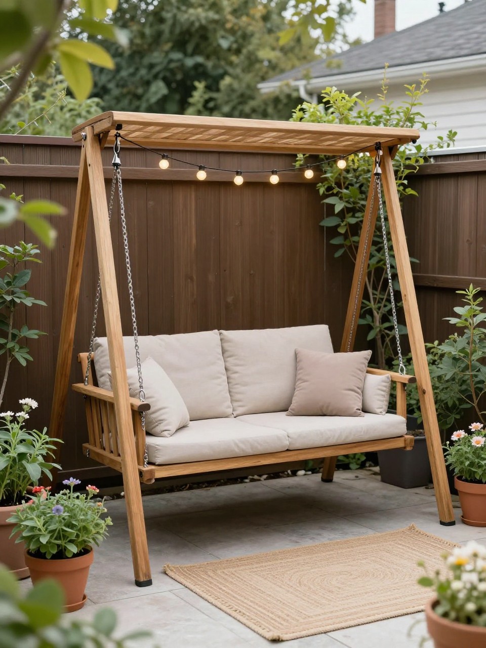 Image Prompt: A compact backyard patio with a small hanging swing bench, slim wooden frame, neutral cushions, potted herbs, flowers, string lights, small outdoor rug, cozy small-space garden styling, realistic DSLR photo quality, no people, no watermarks on images.