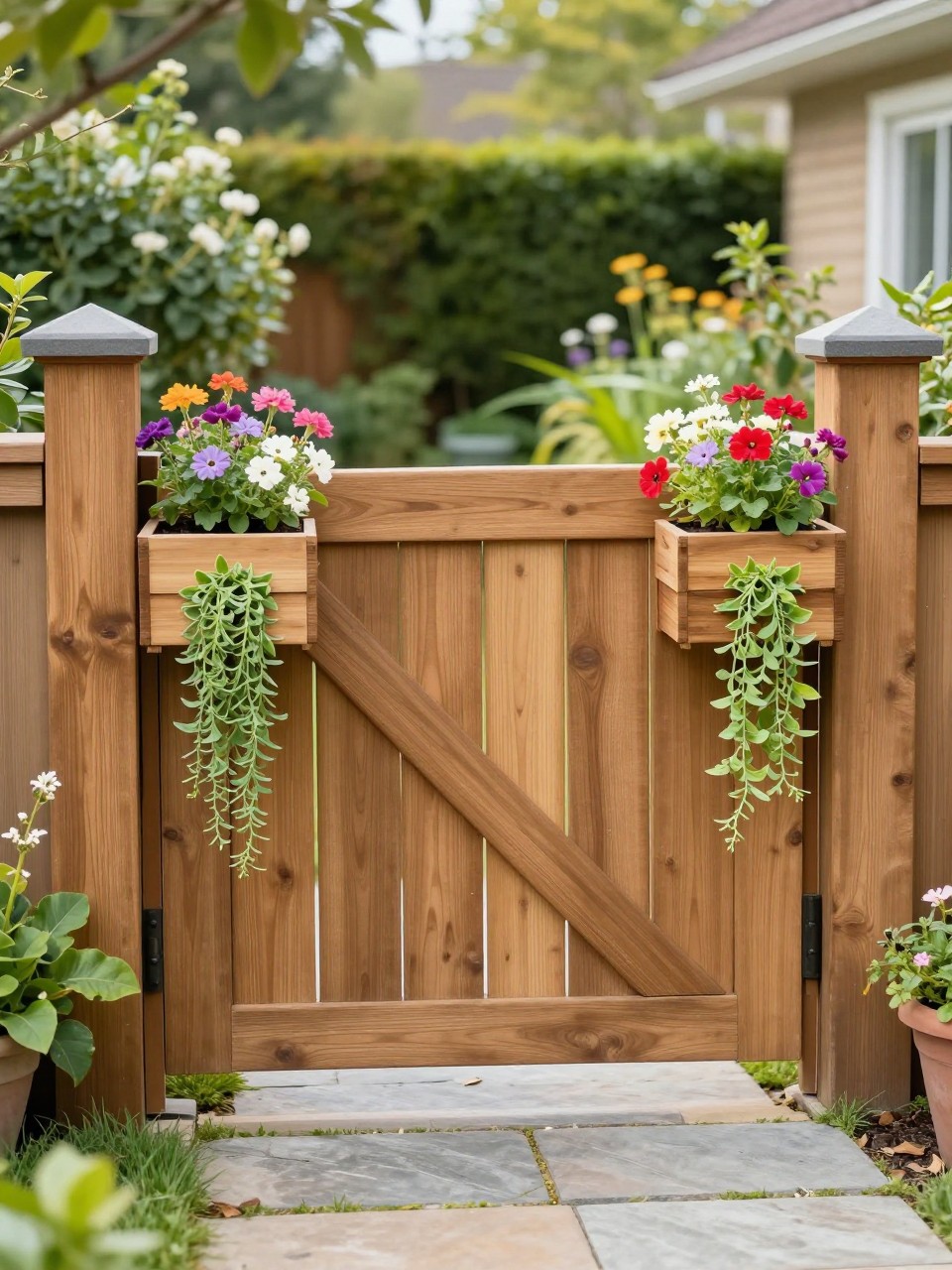 Image Prompt: A creative backyard gate with built-in planter boxes on both sides, wooden gate, blooming flowers, herbs, trailing greenery, stone path, cheerful and practical garden entrance, realistic DSLR photo quality, no people, no watermarks on images.