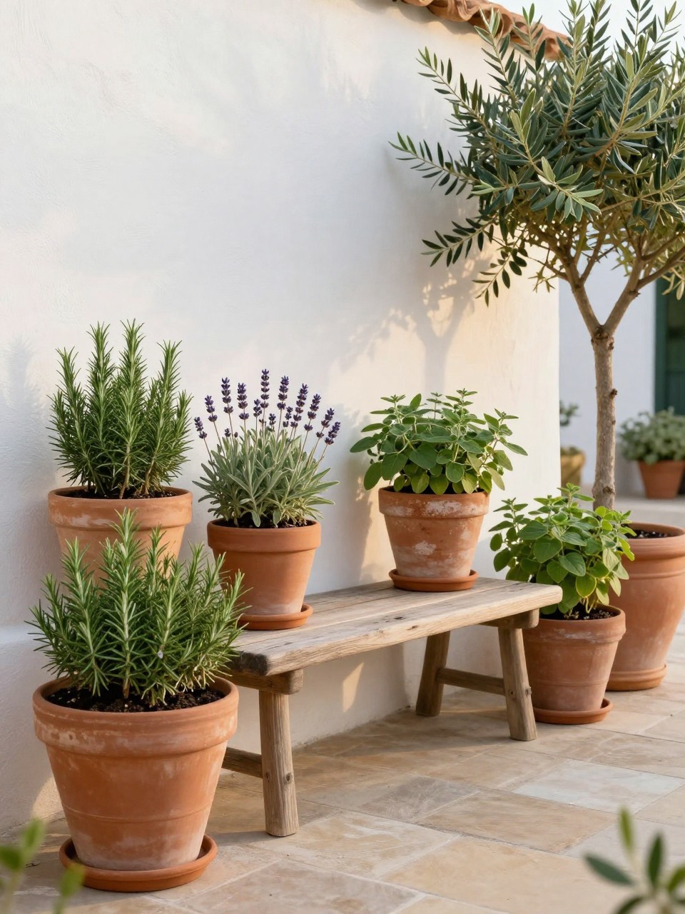 Image Prompt: A Mediterranean-inspired patio herb garden with large terracotta pots of rosemary, lavender, sage, thyme, and oregano, white stucco wall, light stone floor, rustic wooden bench, olive tree in a clay pot, warm golden sunlight, calm outdoor garden retreat, realistic DSLR photo, no people, no text, no watermarks on images.