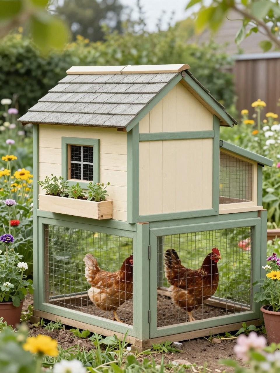 Image Prompt: A charming cottage-style small chicken coop in a flower-filled backyard, soft cream painted wood with sage green trim, tiny window with hardware cloth, pitched shingle roof, small flower boxes filled with herbs, attached covered run with strong wire mesh, chickens walking inside, cottage garden plants around the base, bright but soft natural light, editorial homestead style, no people, no text, no watermark.