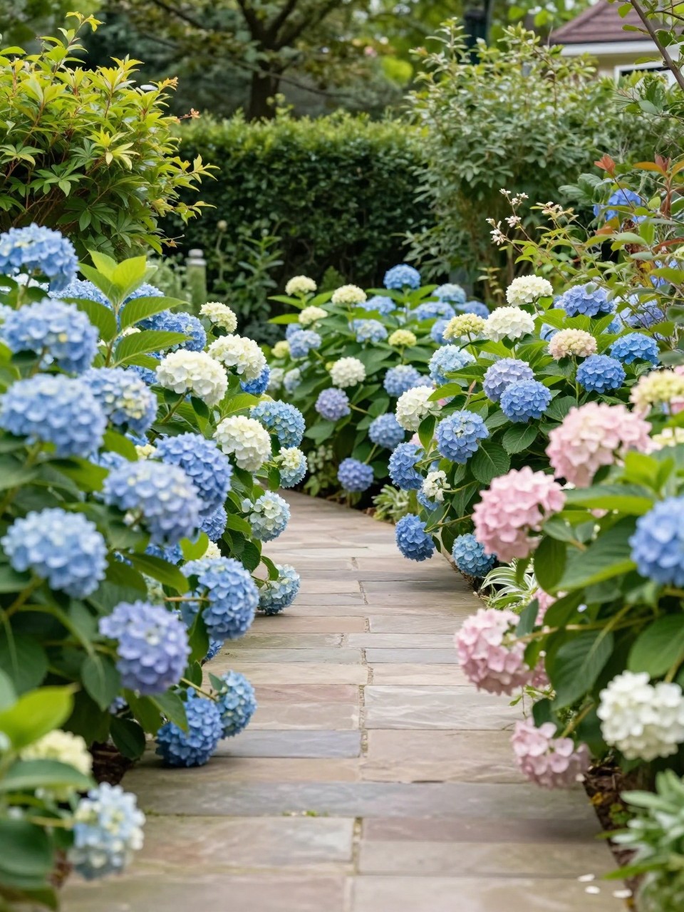 Image Prompt: A beautiful shaded garden walkway lined with lush hydrangea bushes in soft blue, white, and pale pink, stone path, leafy green backdrop, classic home garden setting, elegant and romantic landscape design, realistic DSLR photo quality, no people, no watermarks on images.