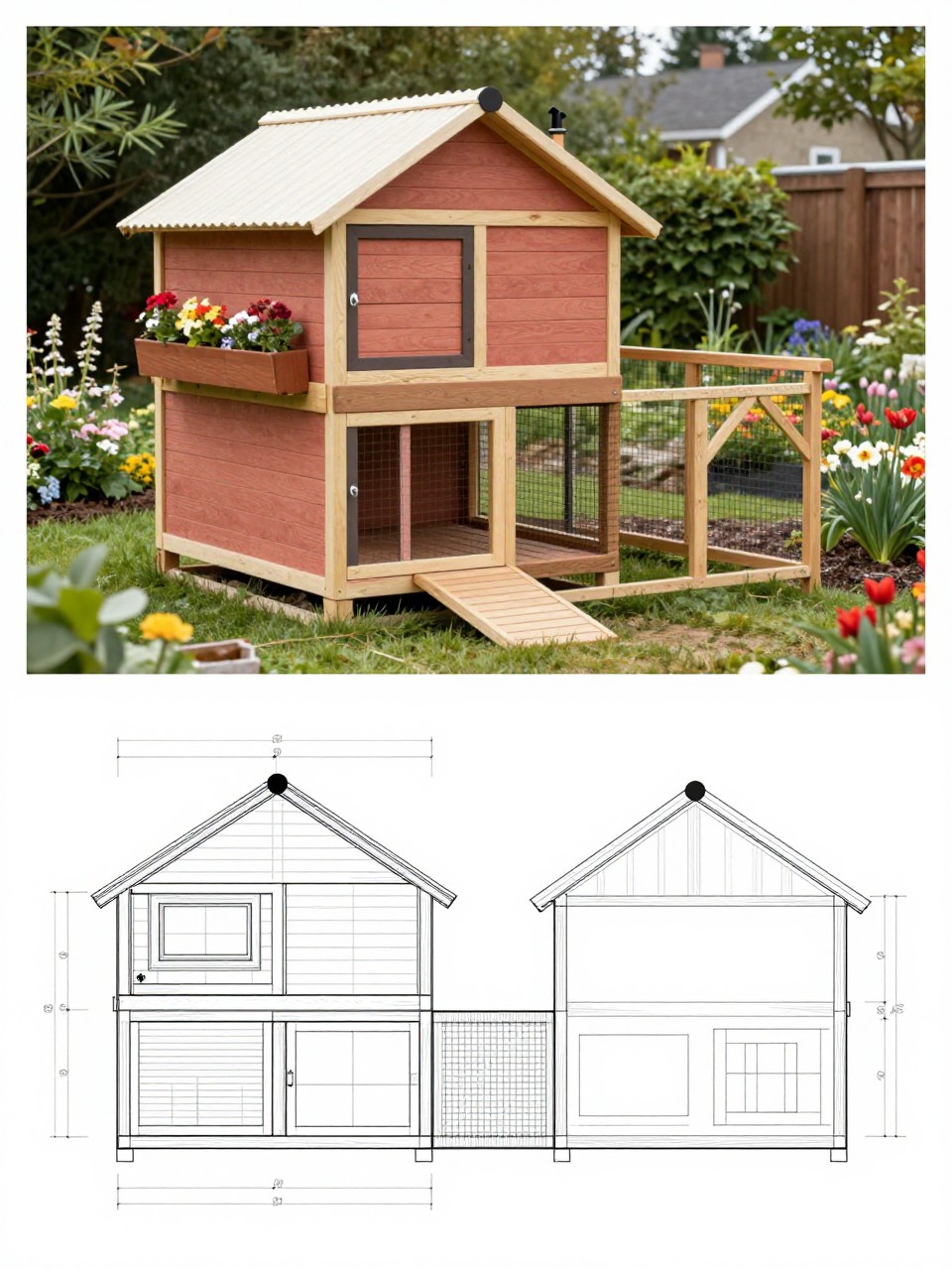 Image Prompt: A vertical 2-collage image. The top half shows a charming cottage-style chicken coop with painted wood siding, a pitched roof, flower boxes, a small ramp, attached secure run, and a pretty backyard garden setting. The bottom half shows the matching blueprint-style coop plan with front and side views, trim details, nesting box placement, and simple construction diagrams. The finished coop and plan must clearly match. Realistic, pretty, editorial style, no people, no watermark.