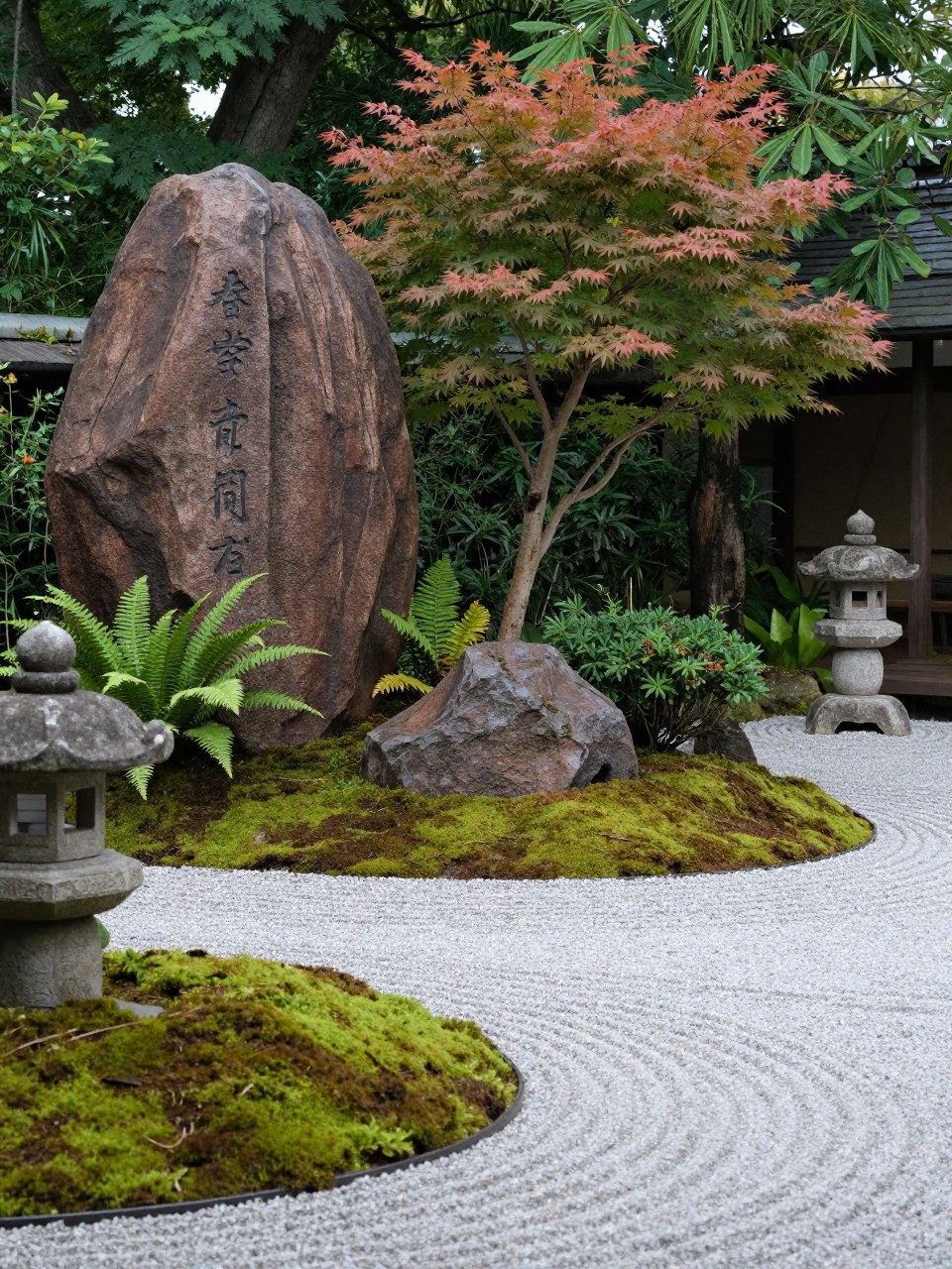 Image Prompt: A peaceful Japanese-inspired garden with large natural boulders, soft green moss, gravel raked into simple lines, small acer tree, ferns, stone lantern, calm shaded garden design, realistic DSLR photo quality, no people, no watermarks on images.