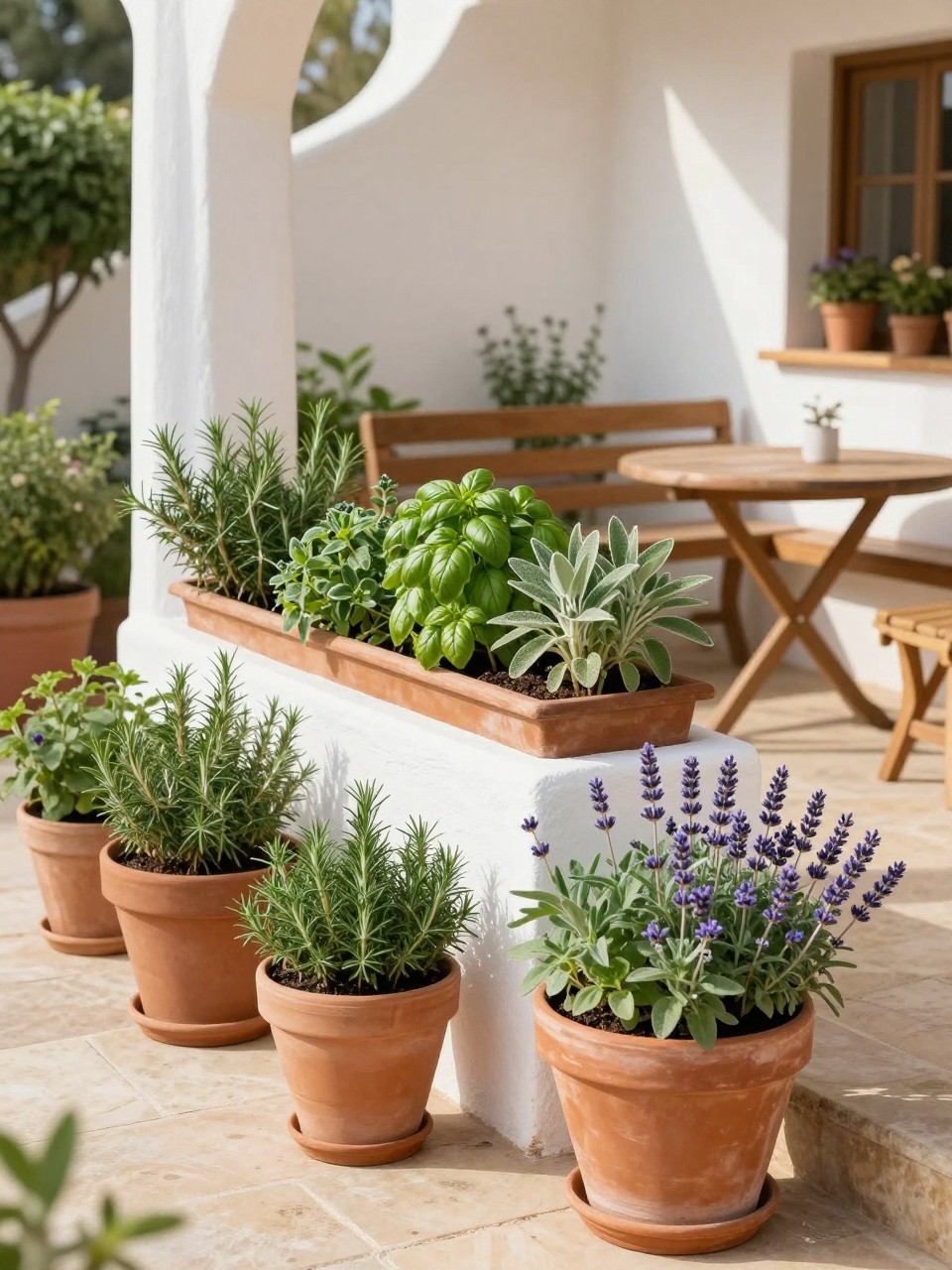Image Prompt: A lovely Mediterranean patio with raised herb planters and terracotta pots filled with rosemary, thyme, basil, sage, oregano, and lavender, light stone floor, wooden bench, small bistro table, white stucco wall, warm sunny garden setting, no people, realistic DSLR image, no text, no watermarks on images.